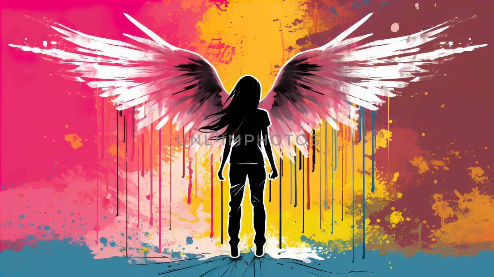 Teenage girl standing against angel wings graffiti on pink wall , Generate AI by Mrsongrphc