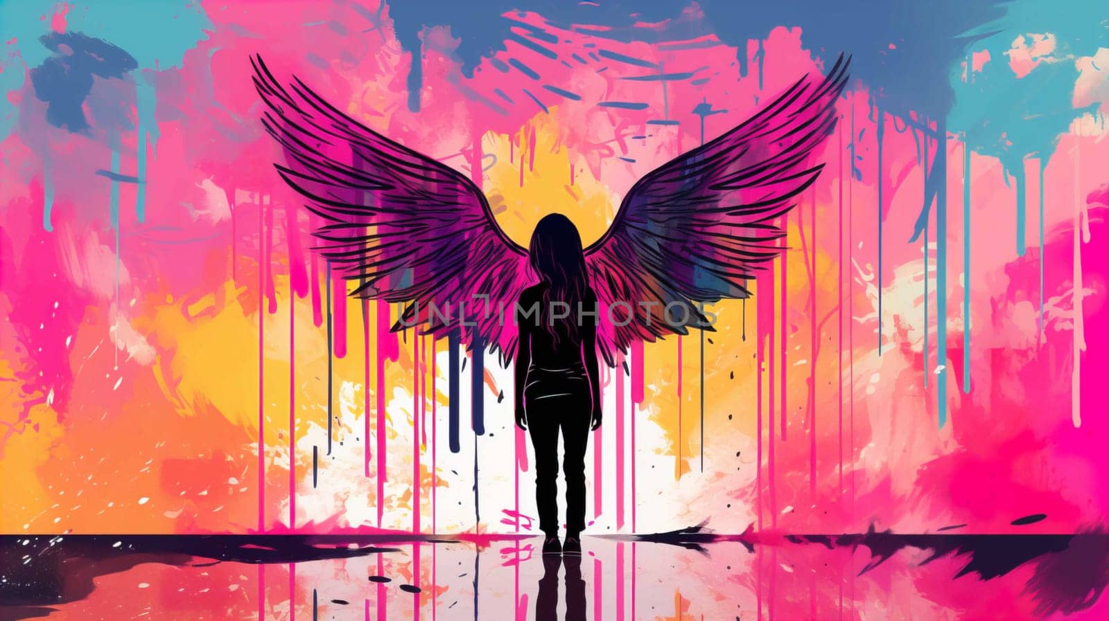 Teenage girl standing against angel wings graffiti on pink wall , Generate AI by Mrsongrphc