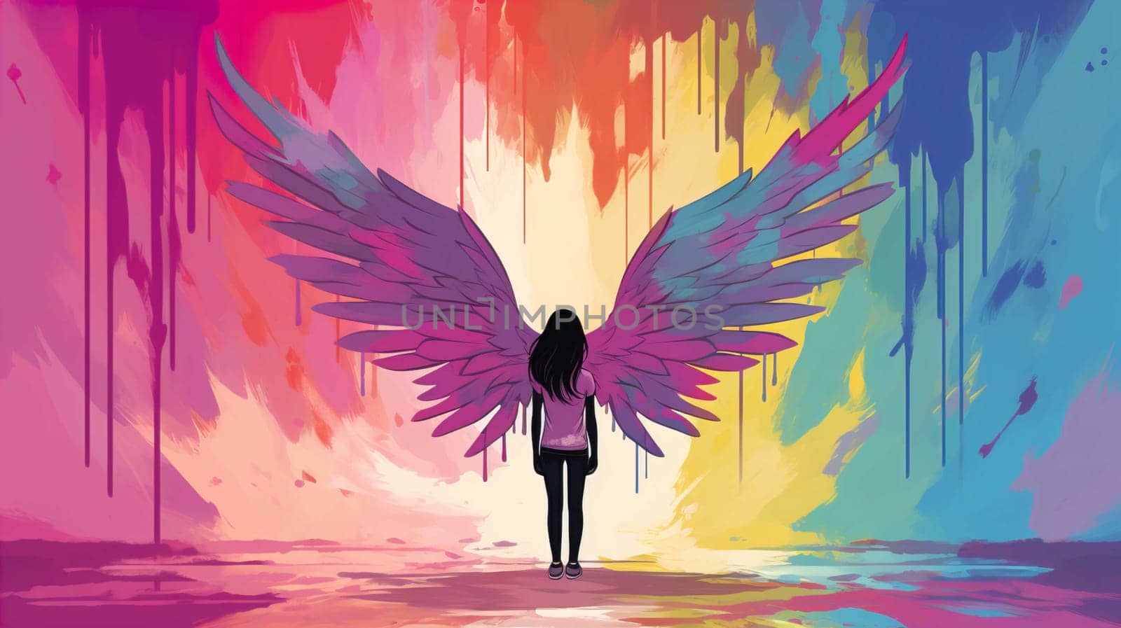 Teenage girl standing against angel wings graffiti on pink wall , Generate AI