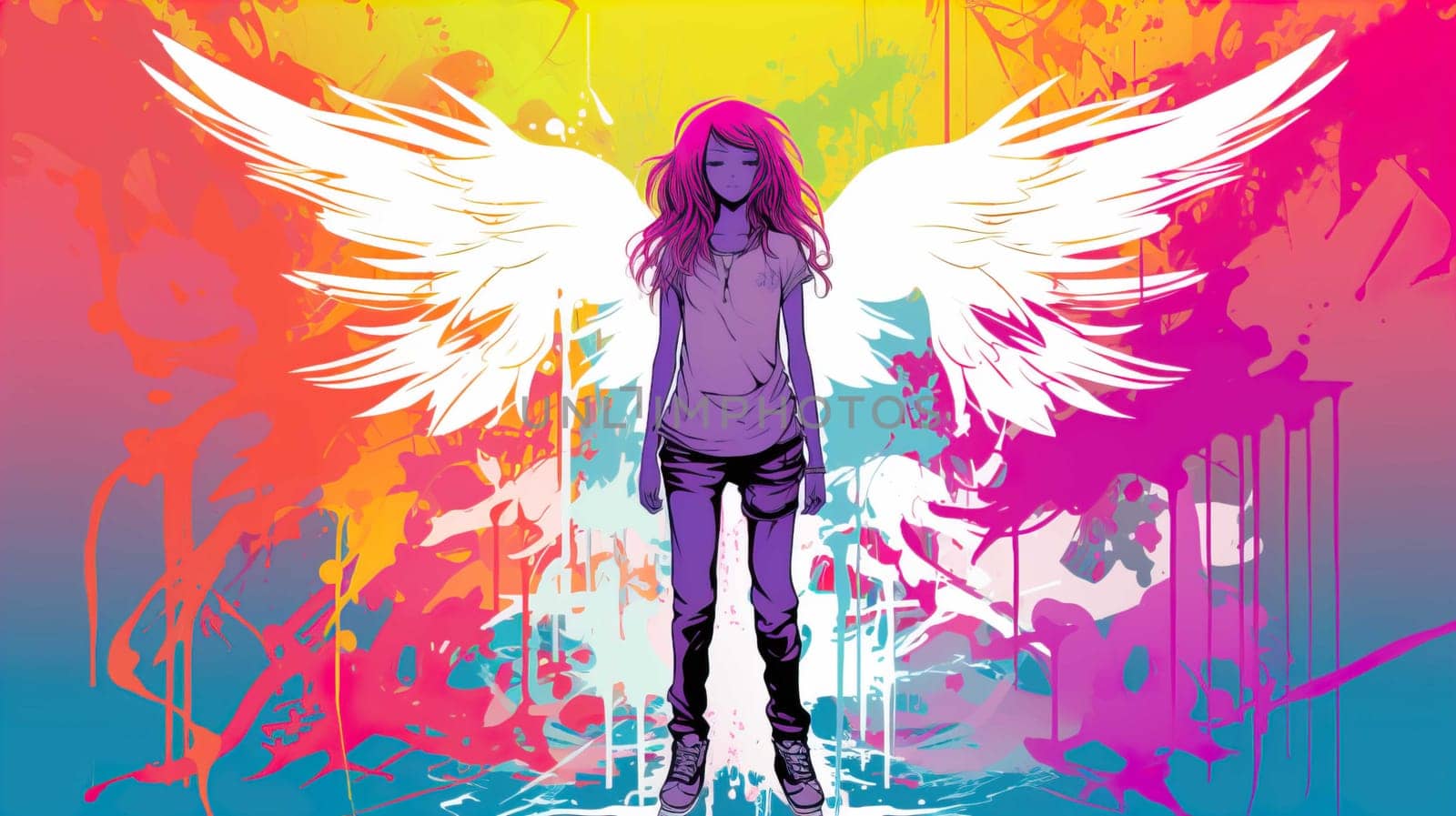 Teenage girl standing against angel wings graffiti on pink wall , Generate AI by Mrsongrphc