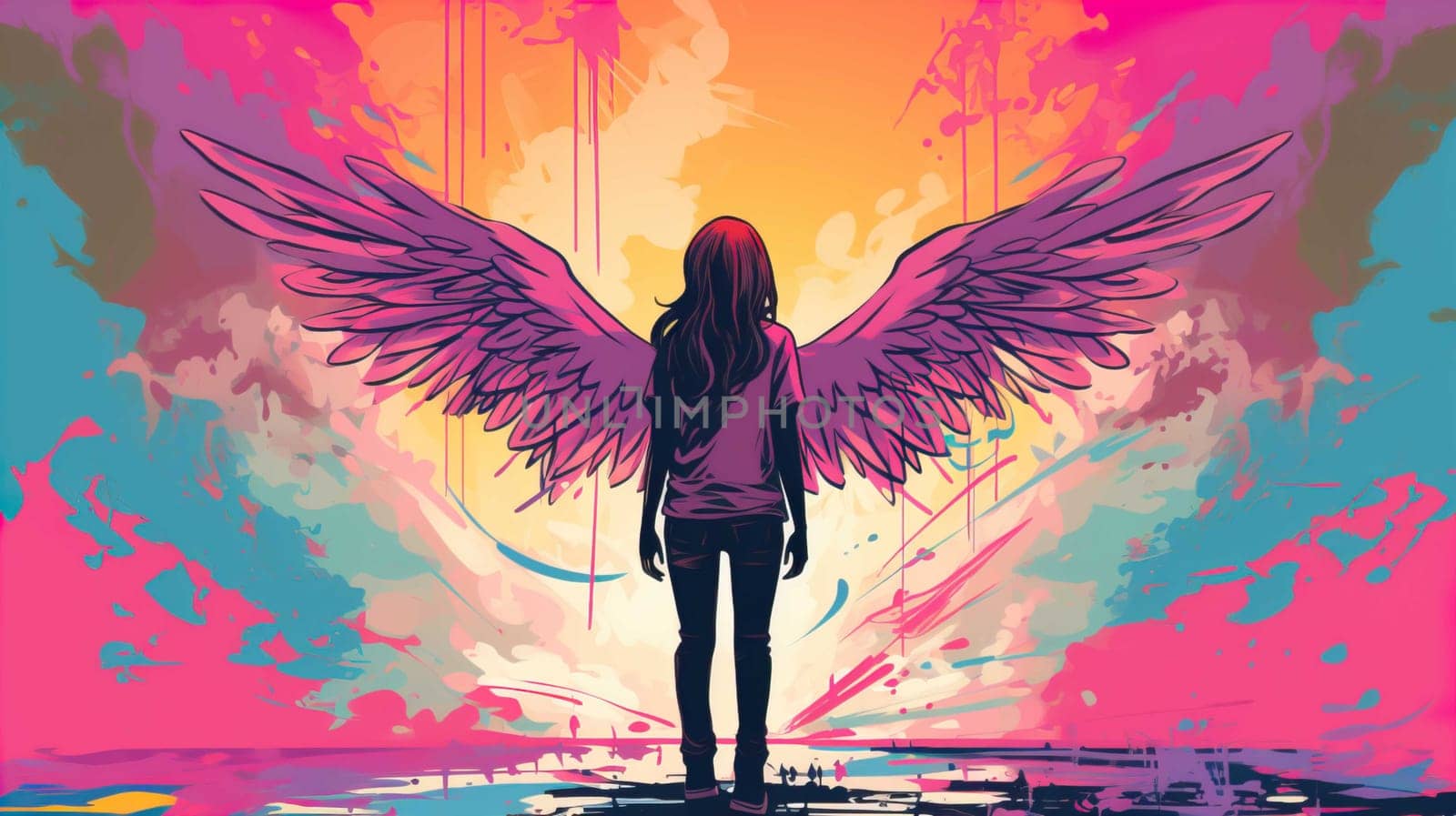 Teenage girl standing against angel wings graffiti on pink wall , Generate AI