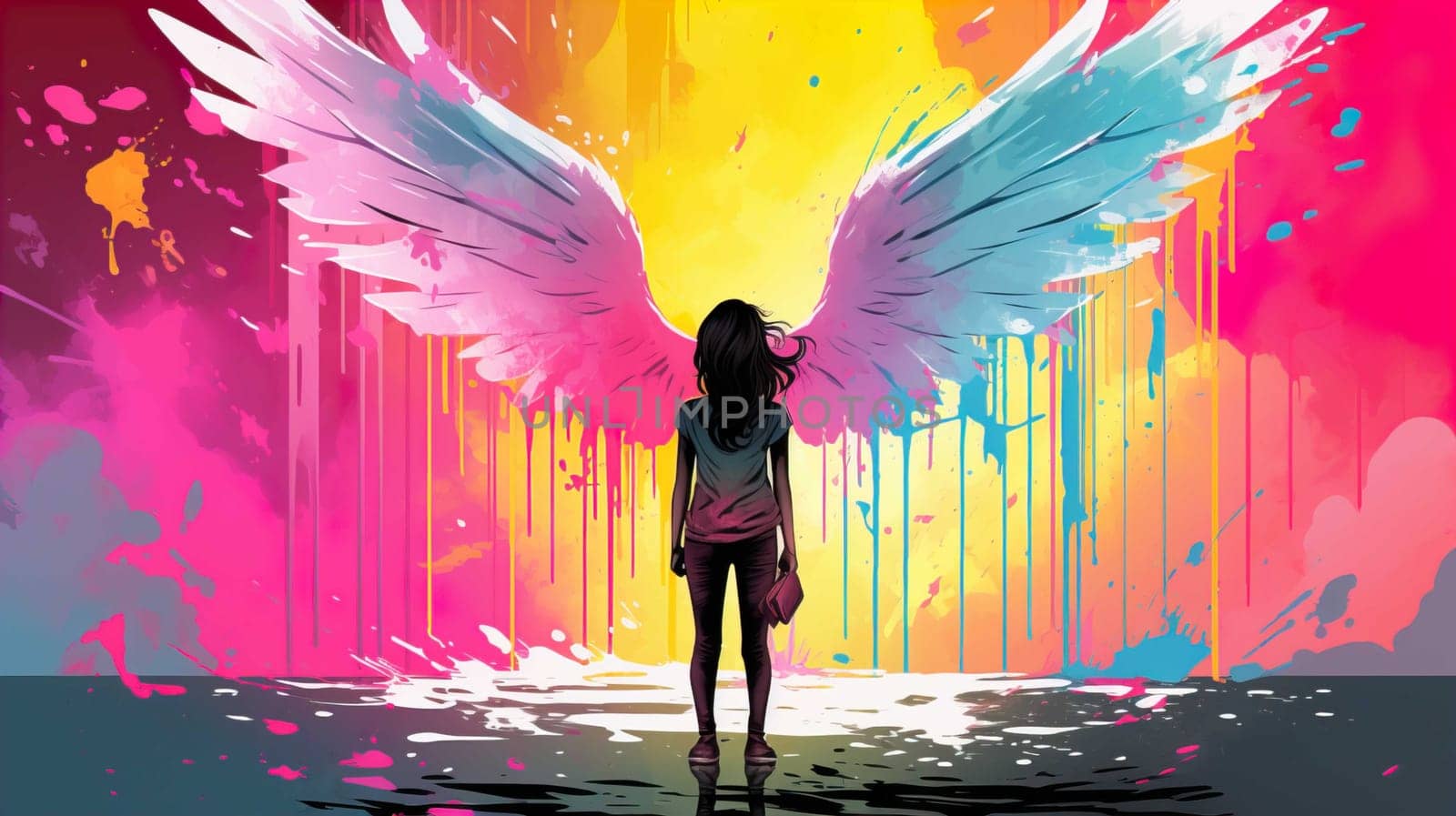 Teenage girl standing against angel wings graffiti on pink wall , Generate AI