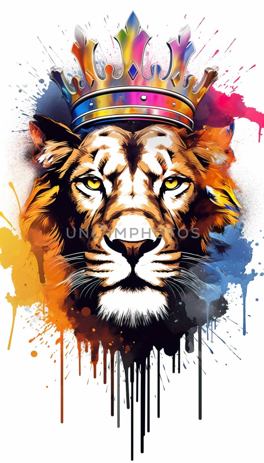 illlustration Tiger king face , with crown gold , rainbow splash smoke , white background , Generate AI by Mrsongrphc