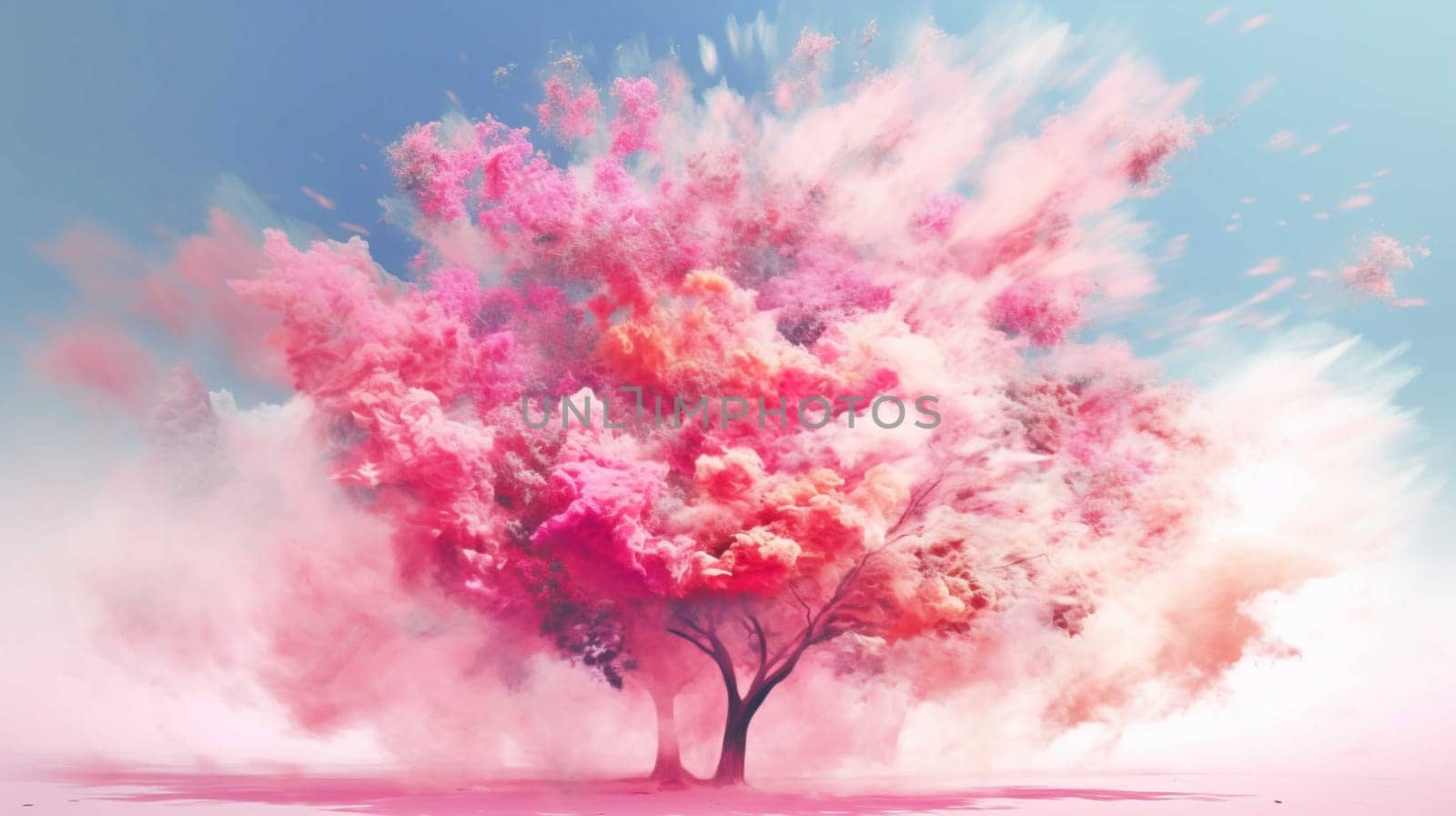 shady tree with leaves, pink splash smoke explosion background, pastel color palette Generate Ai by Mrsongrphc