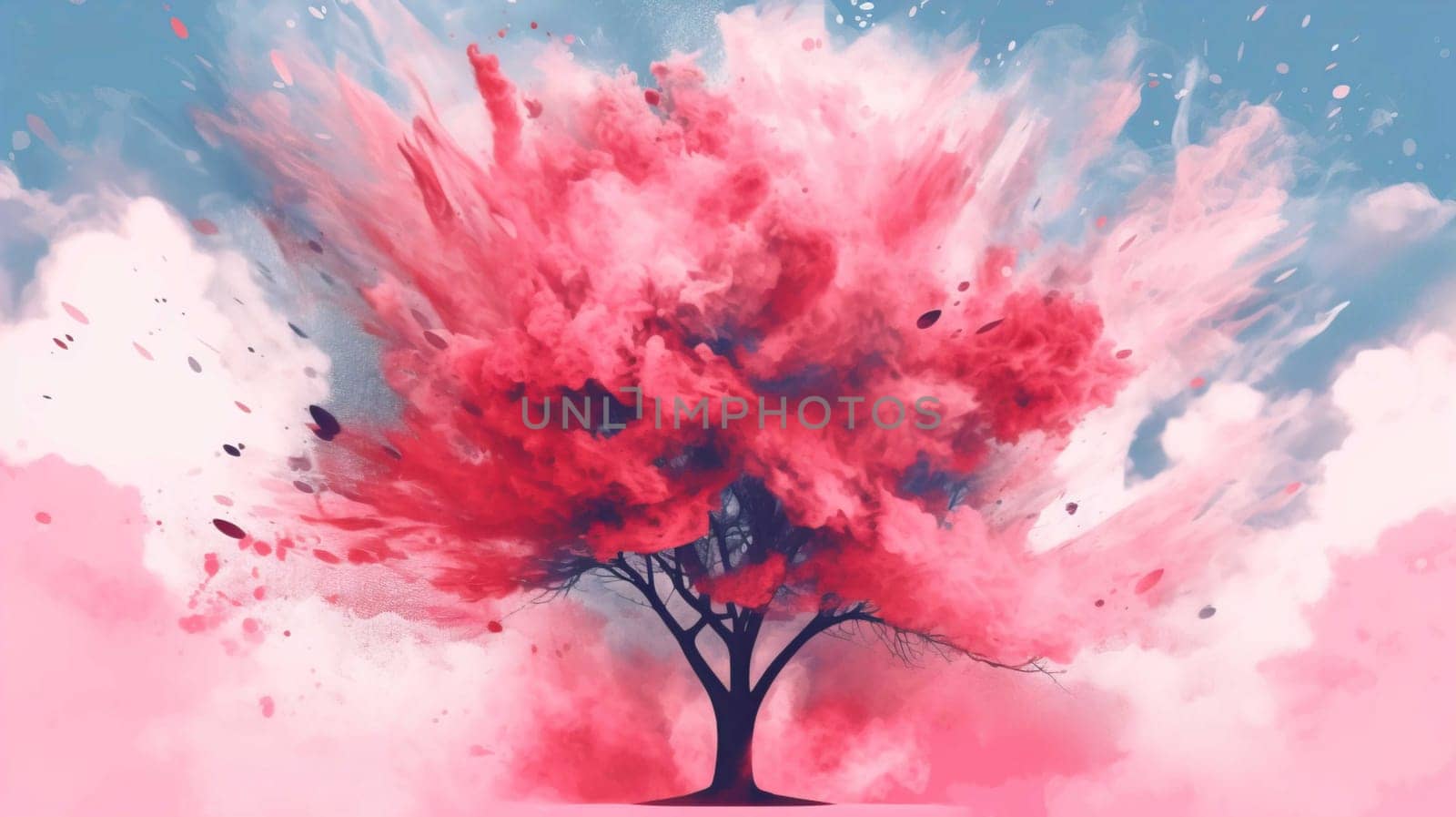 shady tree with leaves, pink splash smoke explosion background, pastel color palette Generate Ai by Mrsongrphc