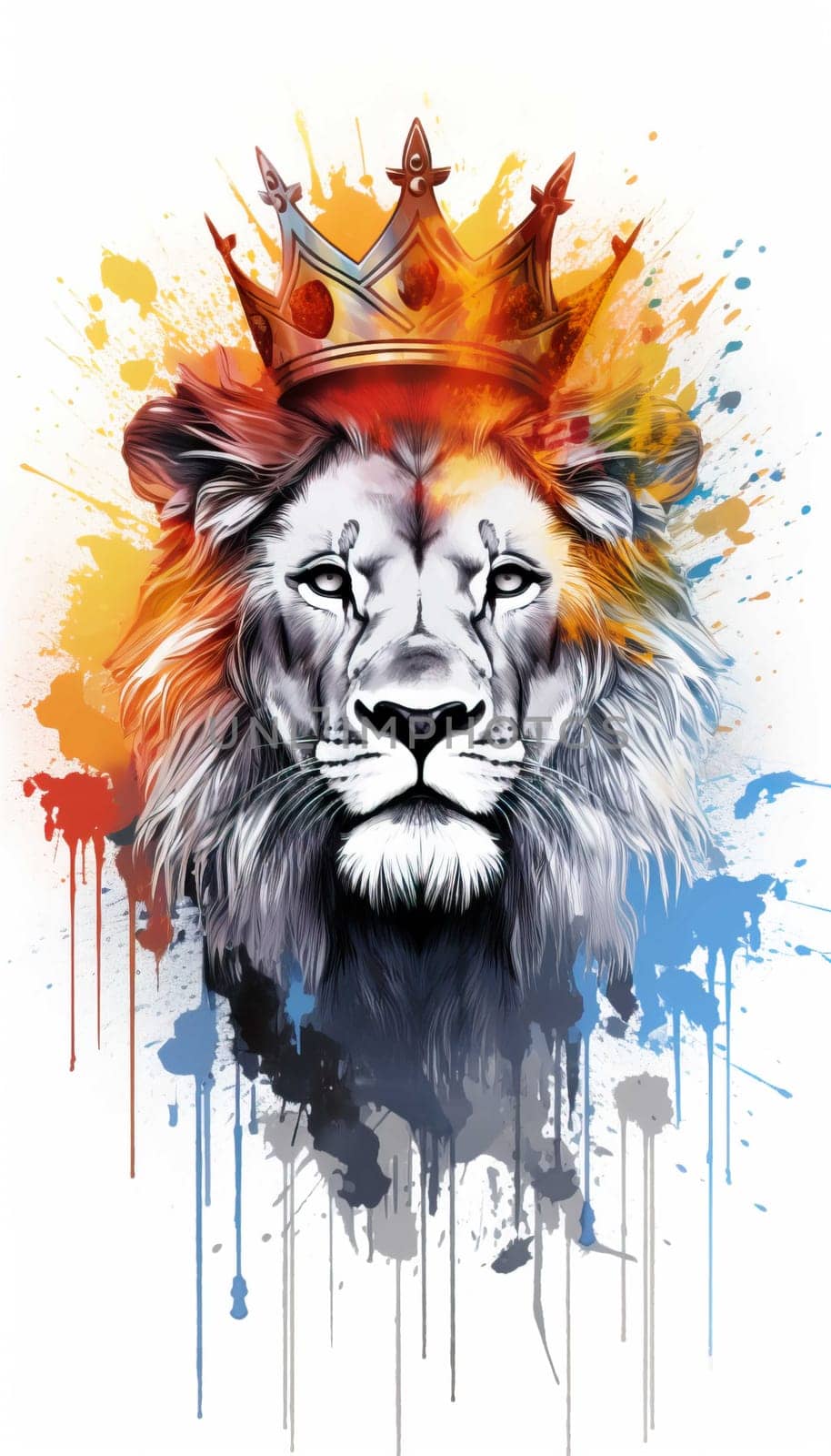 illlustration lion king face , with crown gold , rainbow splash smoke  Generate AI by Mrsongrphc