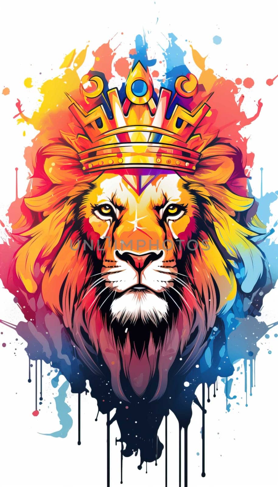 illlustration lion king face , with crown gold , rainbow splash smoke , Generate AI