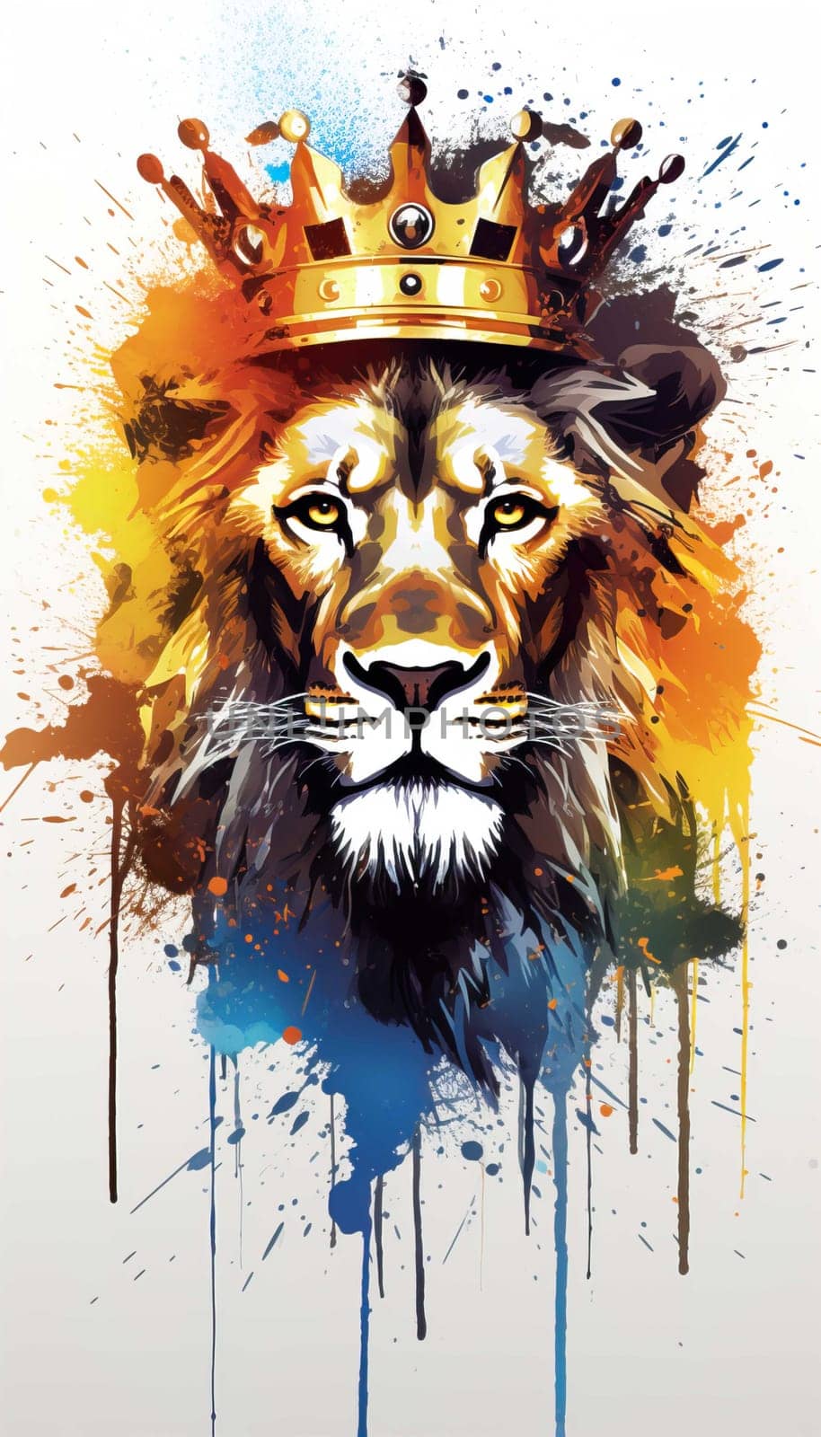 illlustration lion king face , with crown gold , rainbow splash smoke , Generate AI