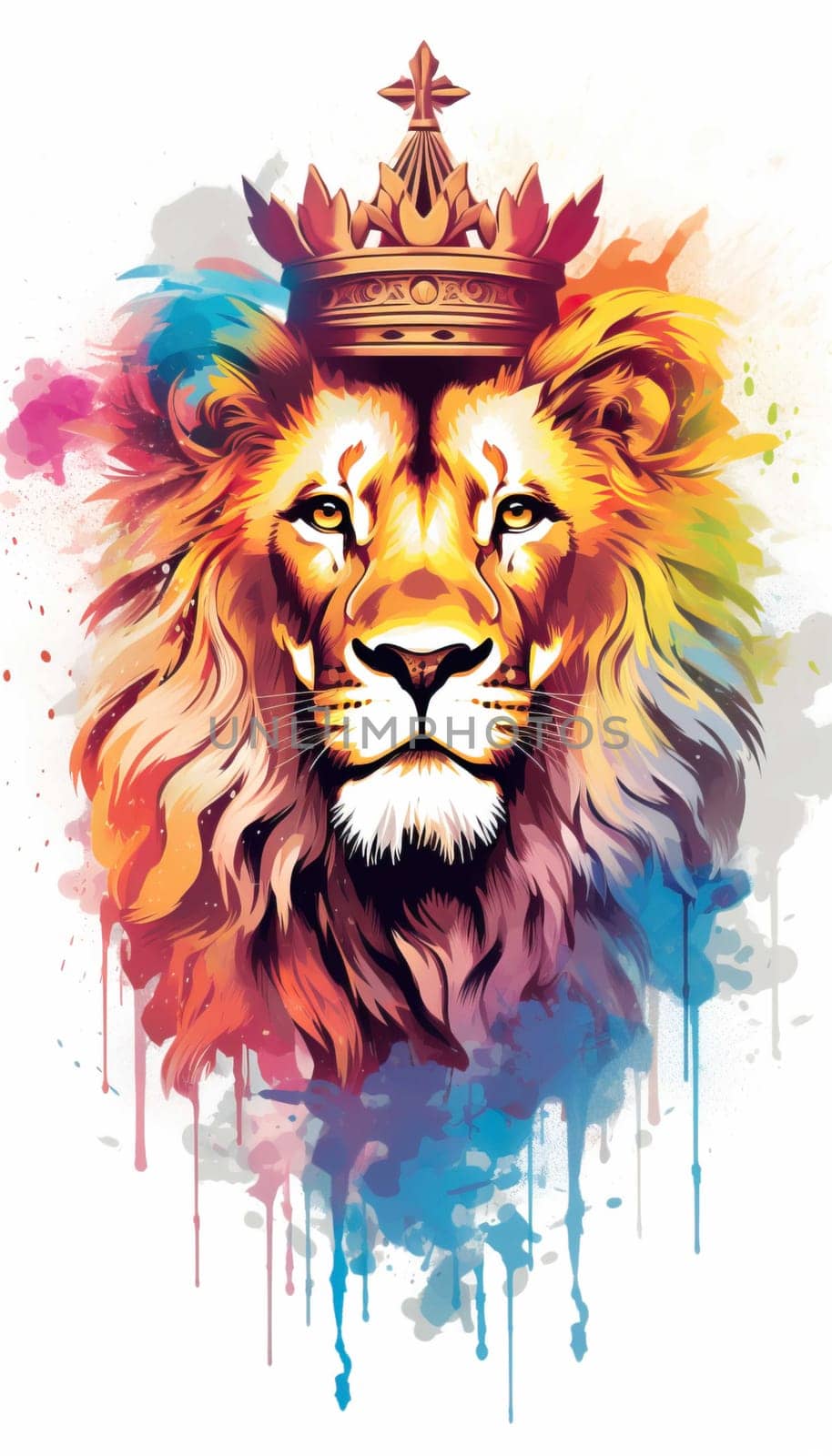 illlustration lion king face , with crown gold , rainbow splash smoke , Generate AI