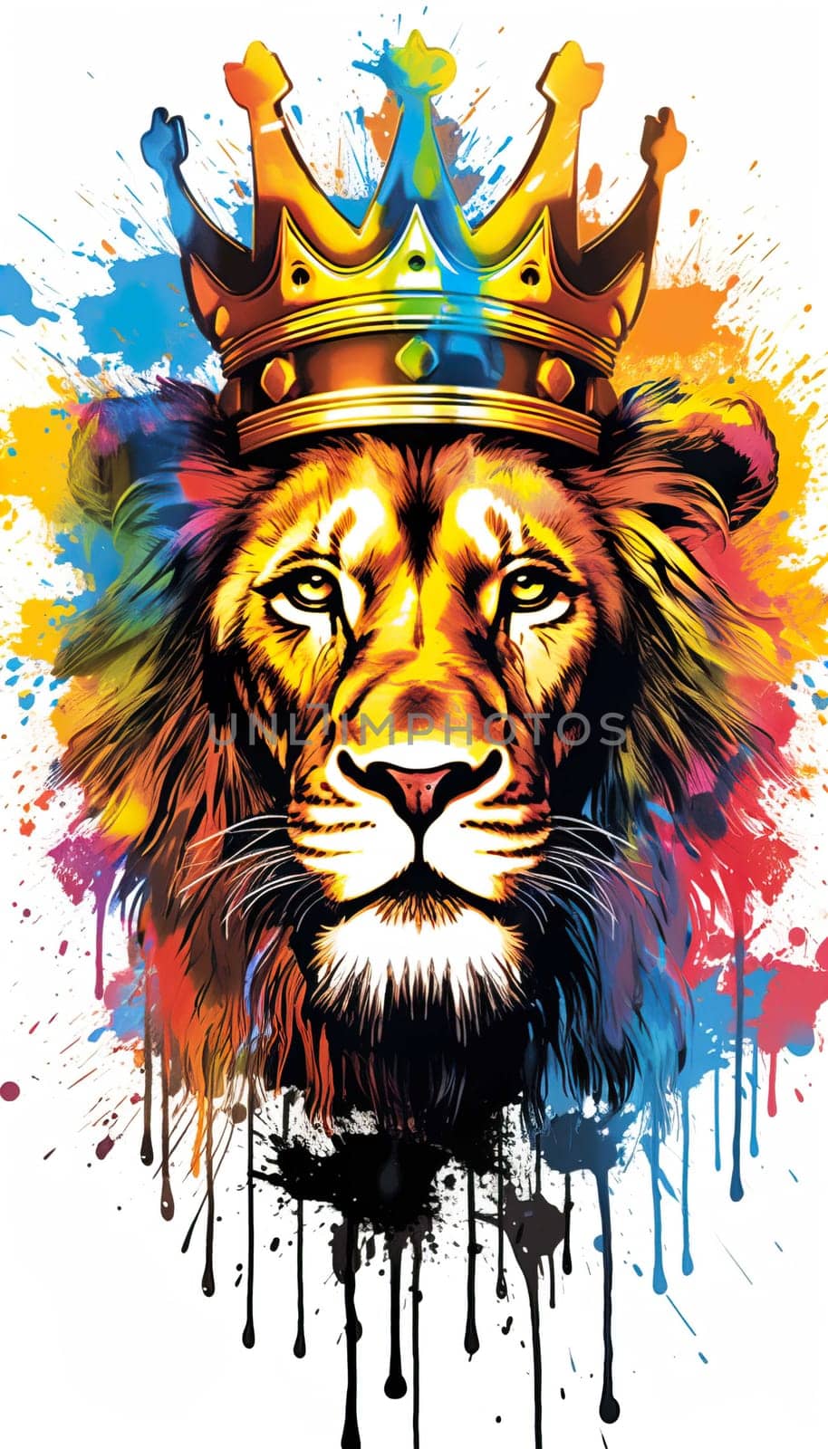 illlustration lion king face , with crown gold , rainbow splash smoke , Generate AI