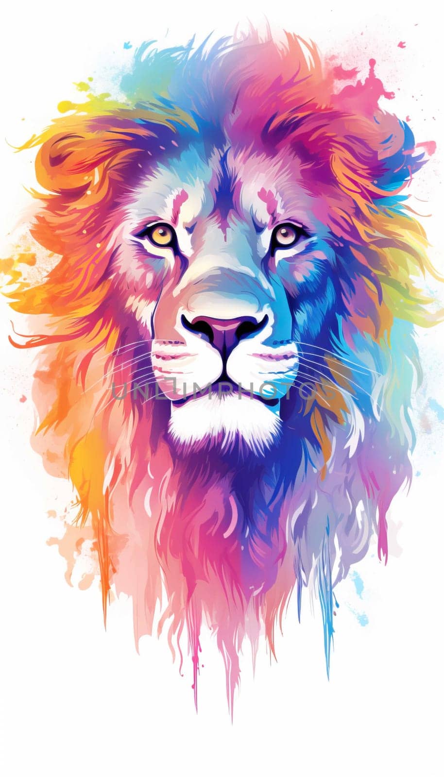 illlustration lion king face , with crown gold , rainbow splash smoke , Generate AI