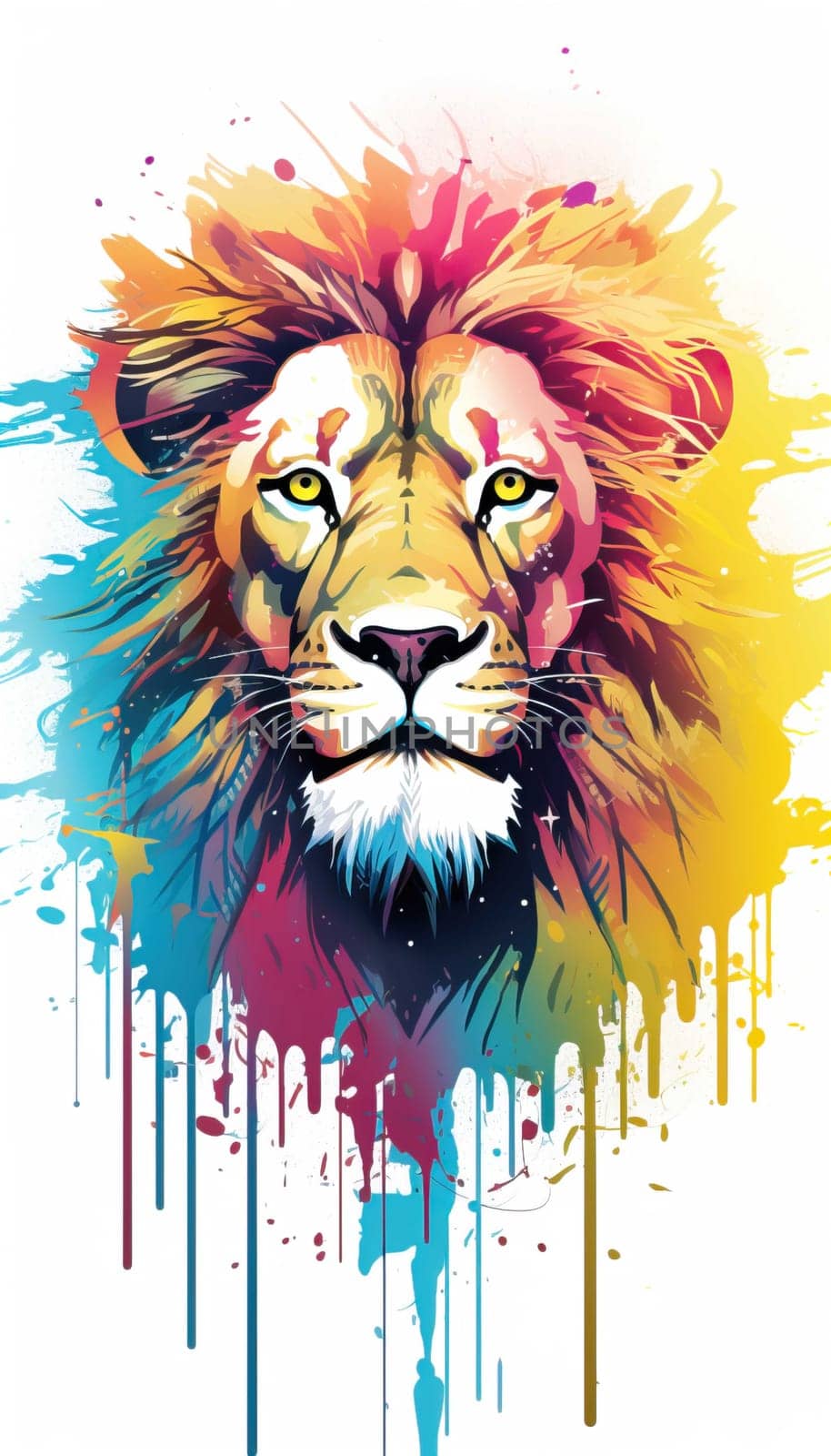 illlustration lion king face , with crown gold , rainbow splash smoke  Generate AI by Mrsongrphc