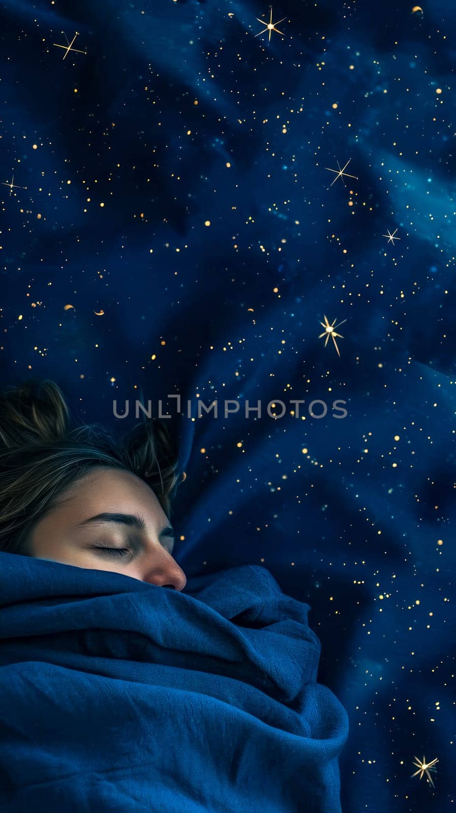 young woman sleeping comfortably under a blue blanket, passing through a star-studded night sky, giving the impression of being enveloped in space, vertical, copy space