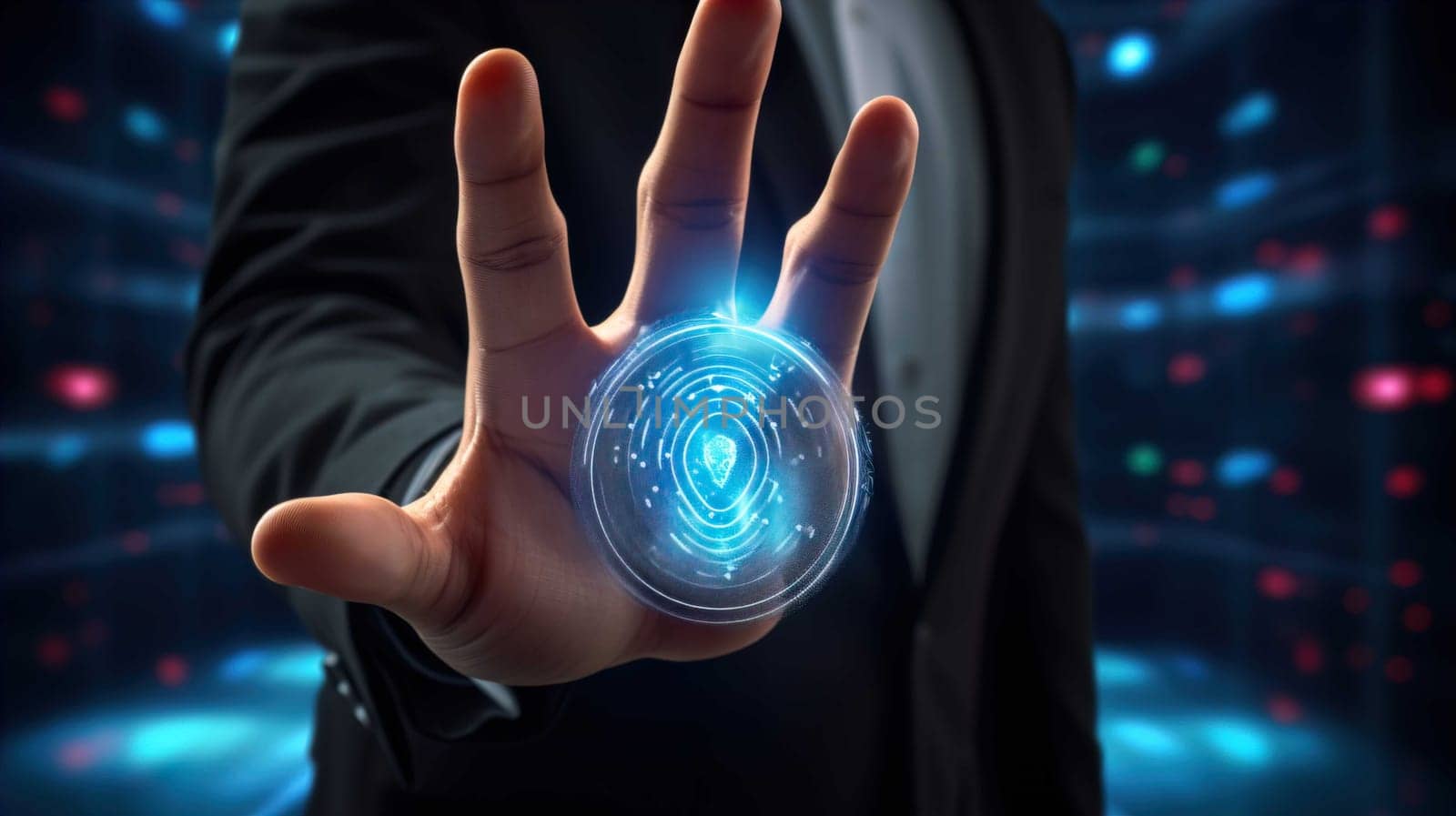 Fingerprint scan provides security access ,Businessman pointing security access , Generate AI by Mrsongrphc