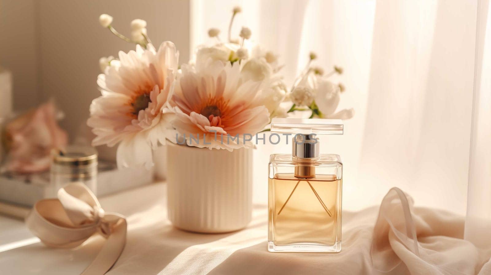 Fashionable women's cosmetics and jewellery. Oil serum, hydration mist, treatment lotion, cream spf, perfume, accessories Generate AI