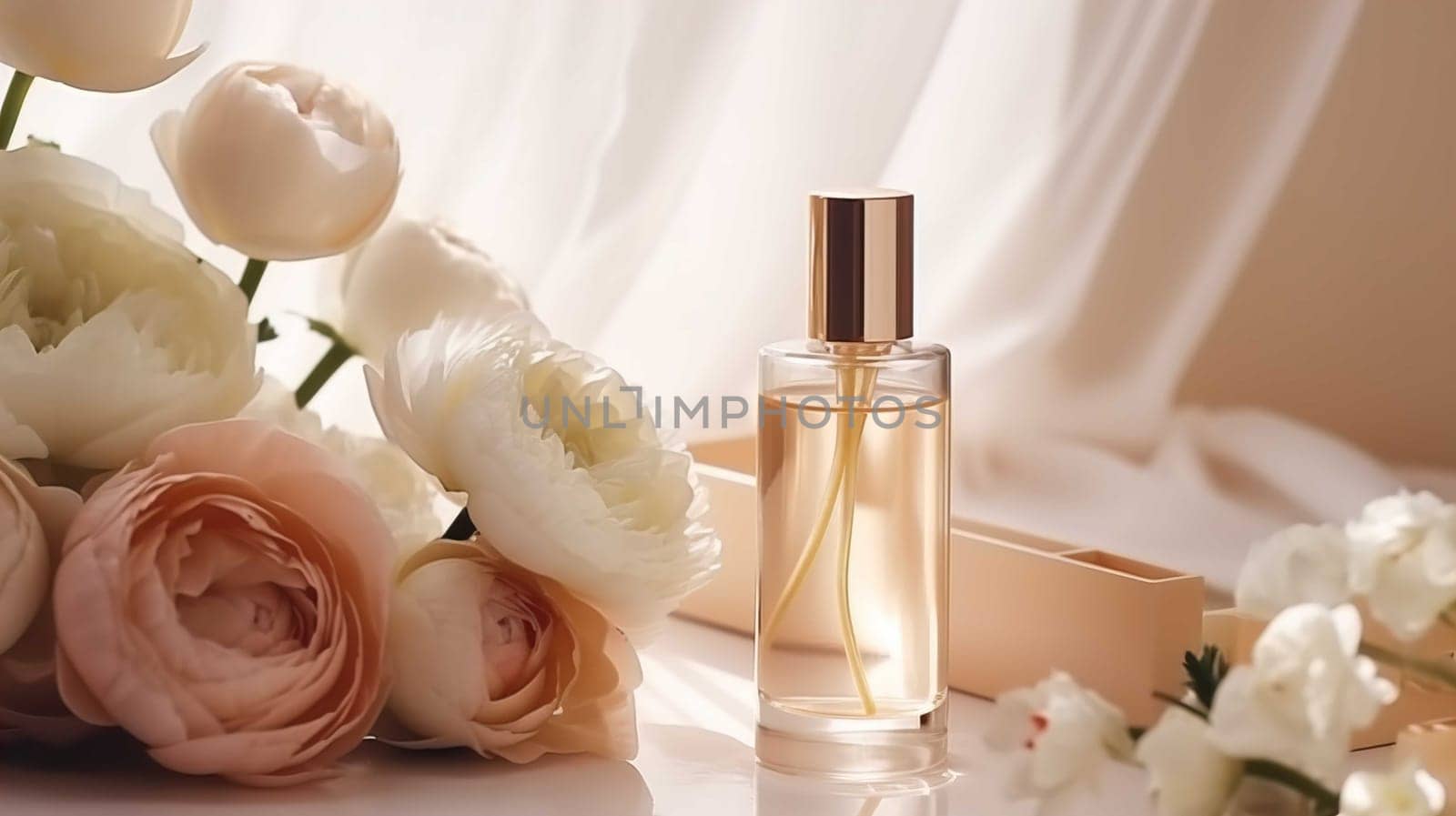 Fashionable women's cosmetics and jewellery. Oil serum, hydration mist, treatment lotion, cream spf, perfume, accessories Generate AI