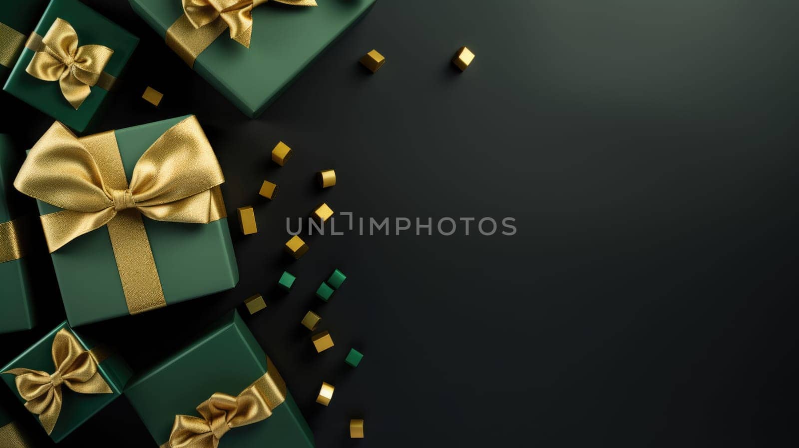 Green and gold gift boxes on green background, top view AI