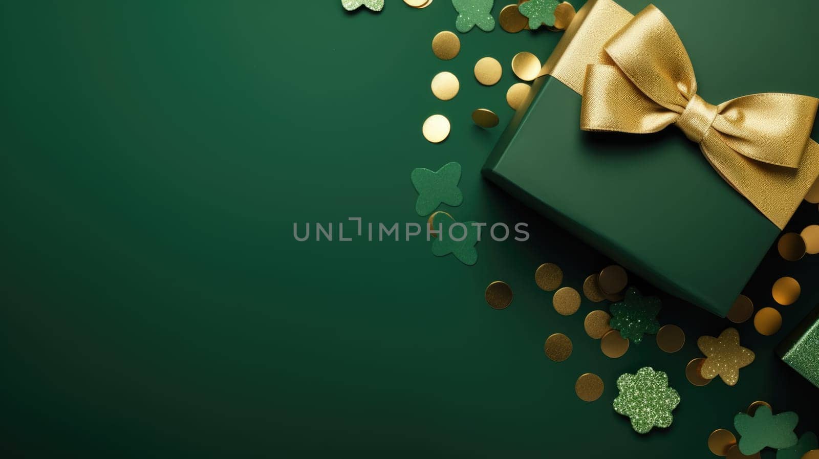 Green and gold gift boxes on green background, top view by natali_brill