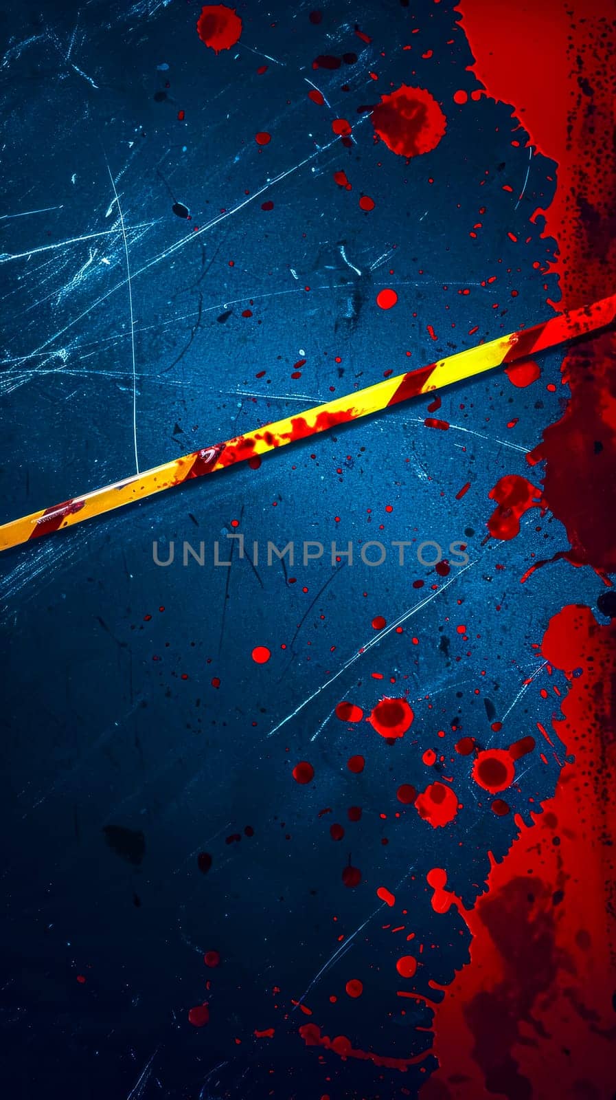 textured background with splashes of vibrant red and a yellow caution tape across, suggestive of a crime scene theme or a dramatic, suspenseful concept by Edophoto