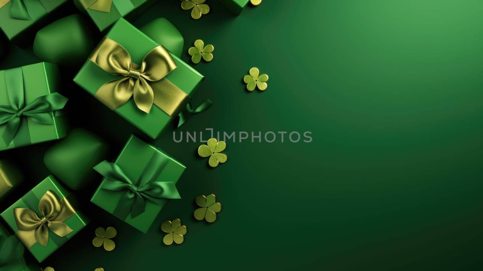 Green and gold gift boxes on green background, top view by natali_brill