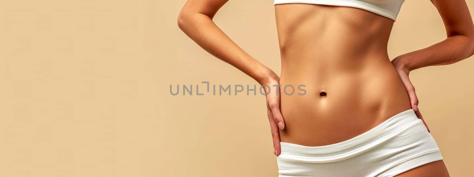 woman's toned midsection against a beige background, wearing a white undergarment or sportswear, exemplifying fitness, health, and body care, banner with copy space