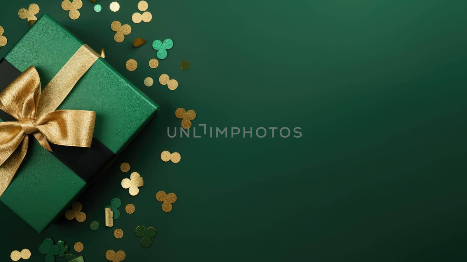 Green and gold gift boxes on green background, top view AI