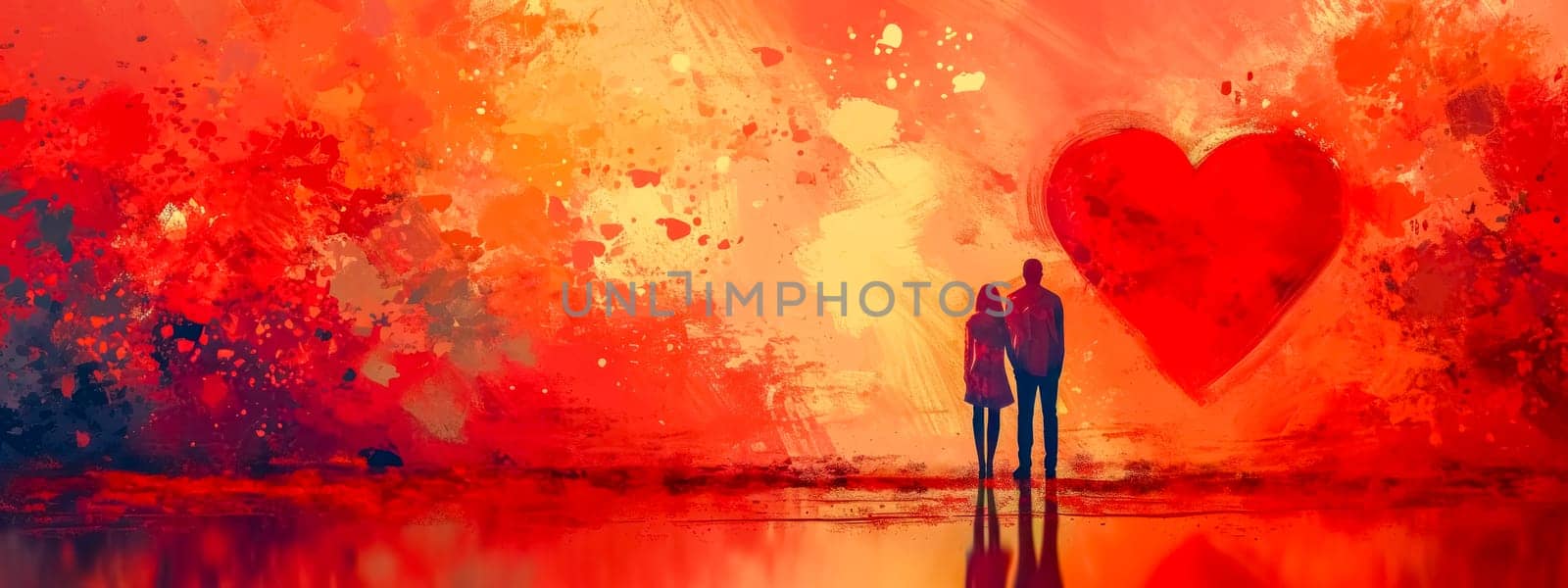 couple's silhouette against a vivid backdrop of orange and red hues, with a large heart symbol dominating the composition, symbolizing romance and love. by Edophoto