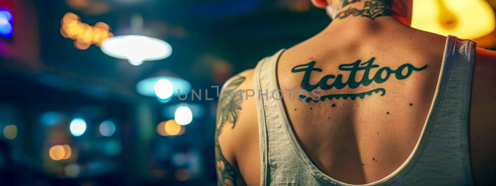 person's shoulder with a tattoo that reads tattoo in cursive script, set against a backdrop of blurred lights and a bar or club atmosphere, evoking a sense of nightlife and personal expression, banner