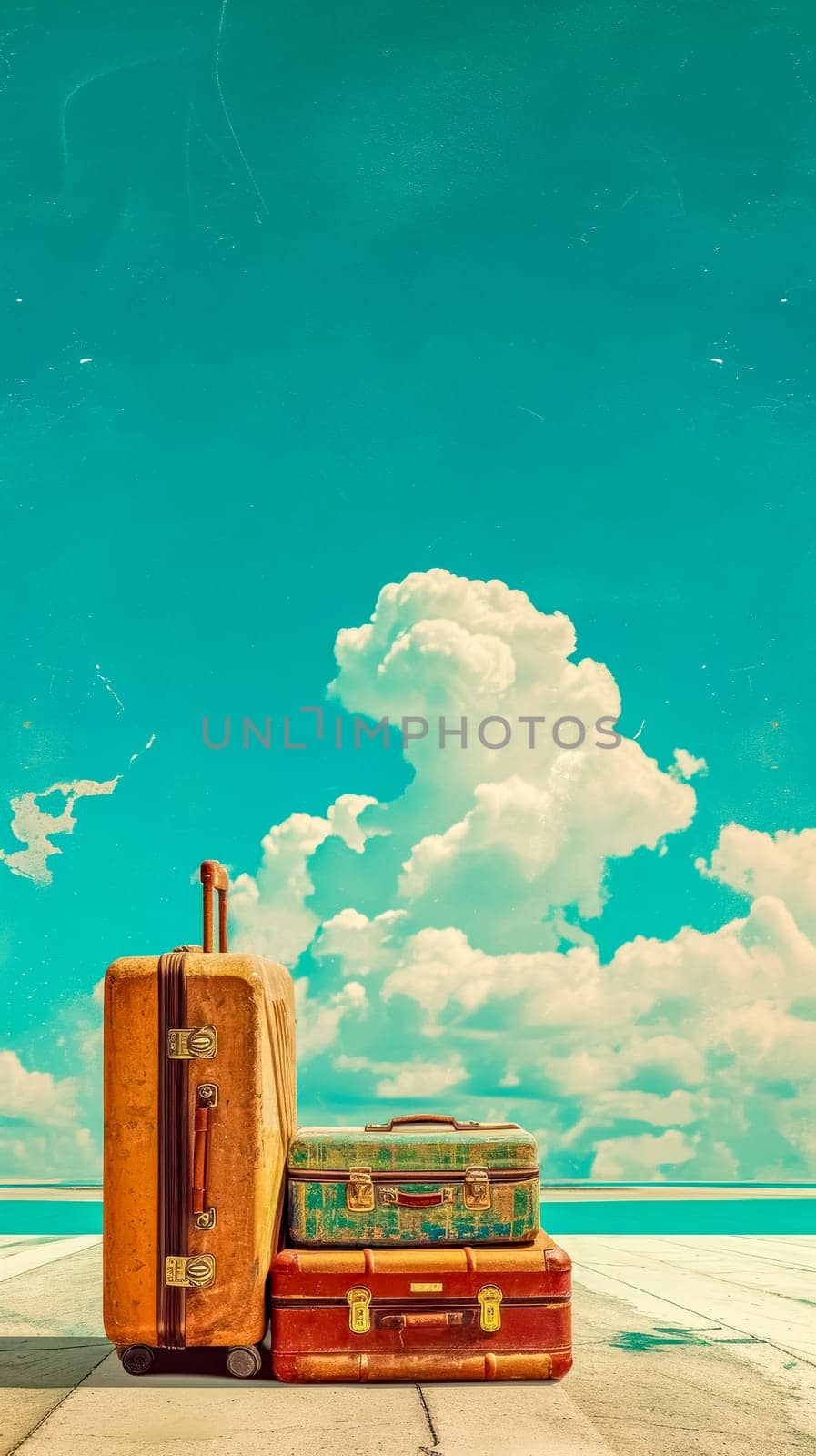 stack of vintage suitcases against a vivid teal sky with fluffy white clouds, evoking the nostalgia and romance of travel from a bygone era by Edophoto