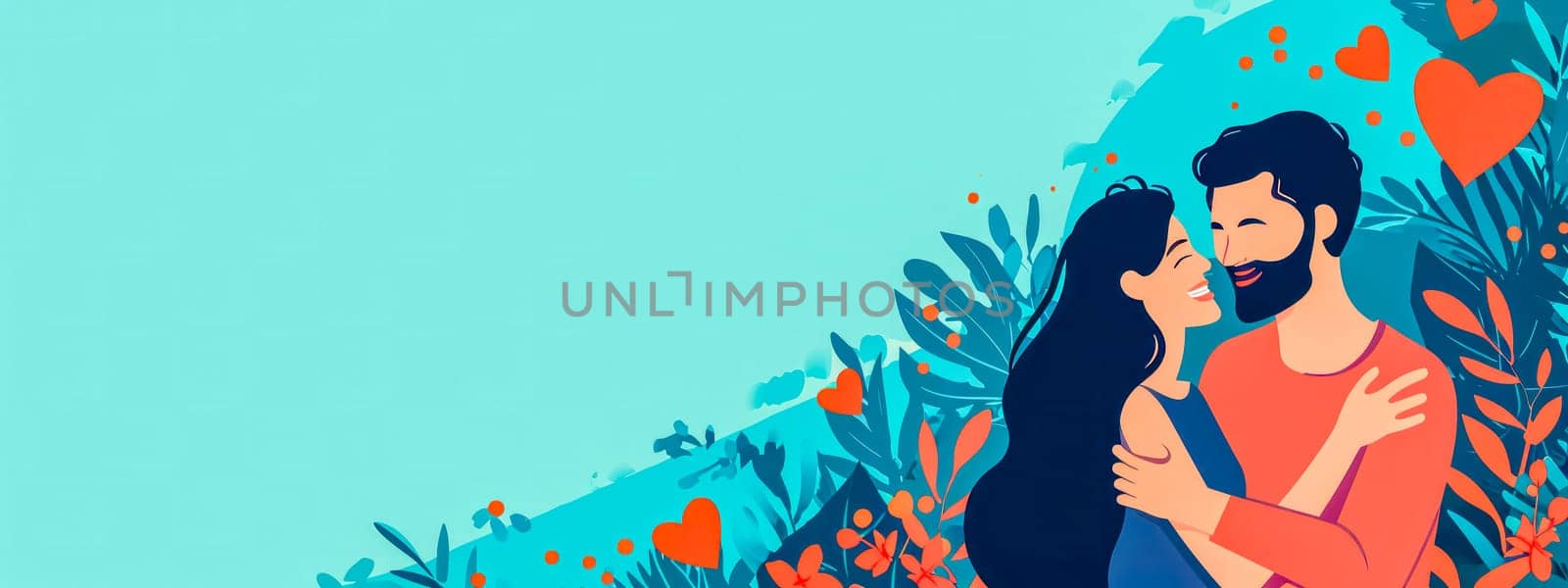 couple in a loving embrace, surrounded by plants and heart shapes against a serene blue background, evoking feelings of joy, love, and companionship, banner with copy space
