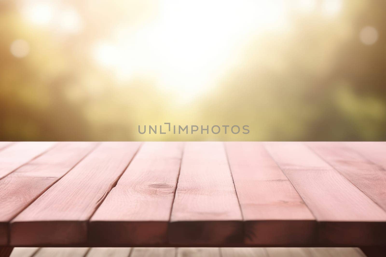 Blurred Nature's Embrace: A Sunny Garden Table, with Wooden Plank and Green Bokeh Background