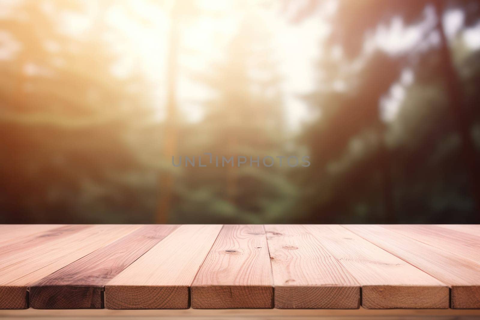 Nature's Embrace: A Rustic Wooden Table in a Sunlit Garden, Showcasing the Beauty of an Empty Top, Surrounded by Greenery and Abstract Bokeh". by Vichizh