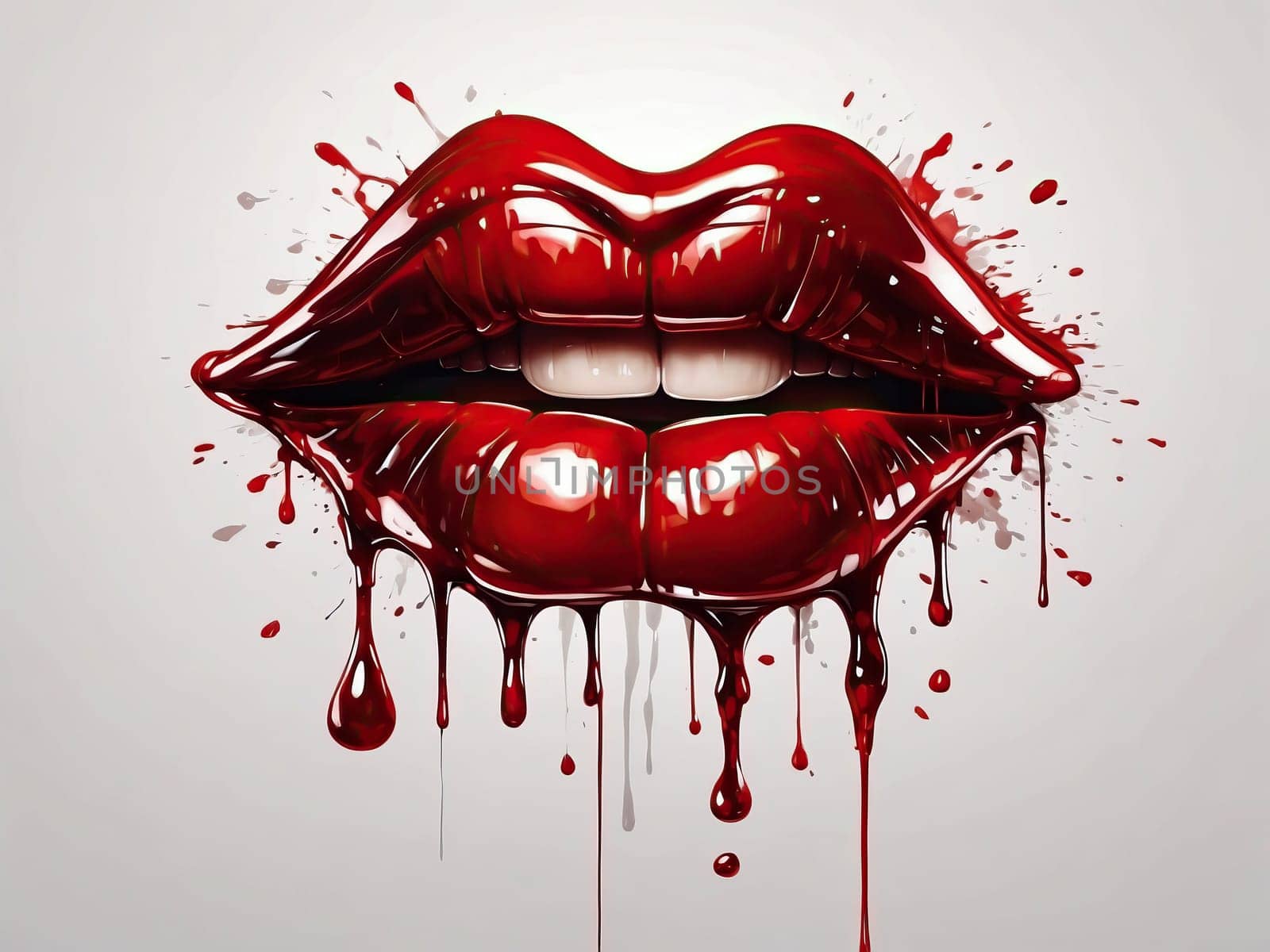 Dark red puckered lips, dripping kiss. AI generated