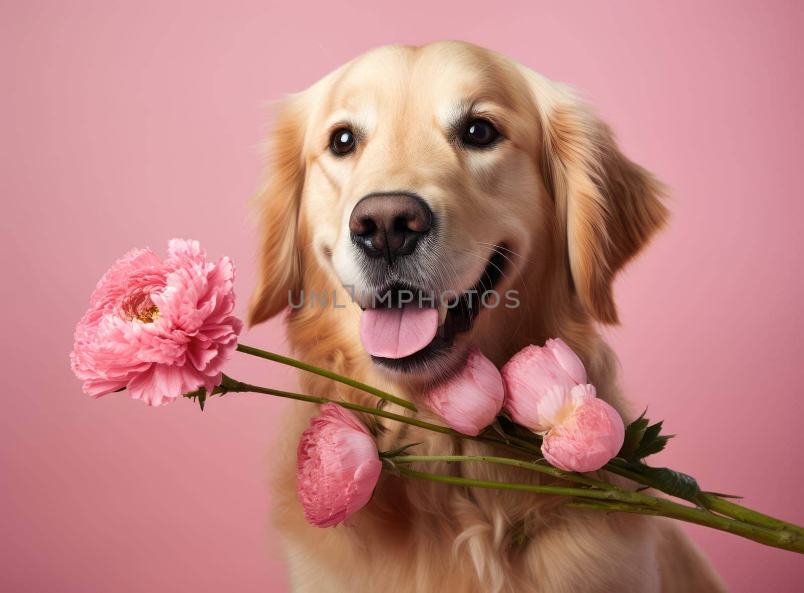 Fluffy Chow Chow Puppy with a Cute Bow in a Beautiful Spring Bouquet, Surrounded by Yellow Flowers, in a Blue Glass Vase on a Green Background