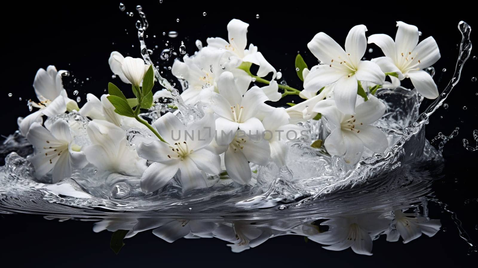 White jasmine flowers, with splashes of water  Generate AI