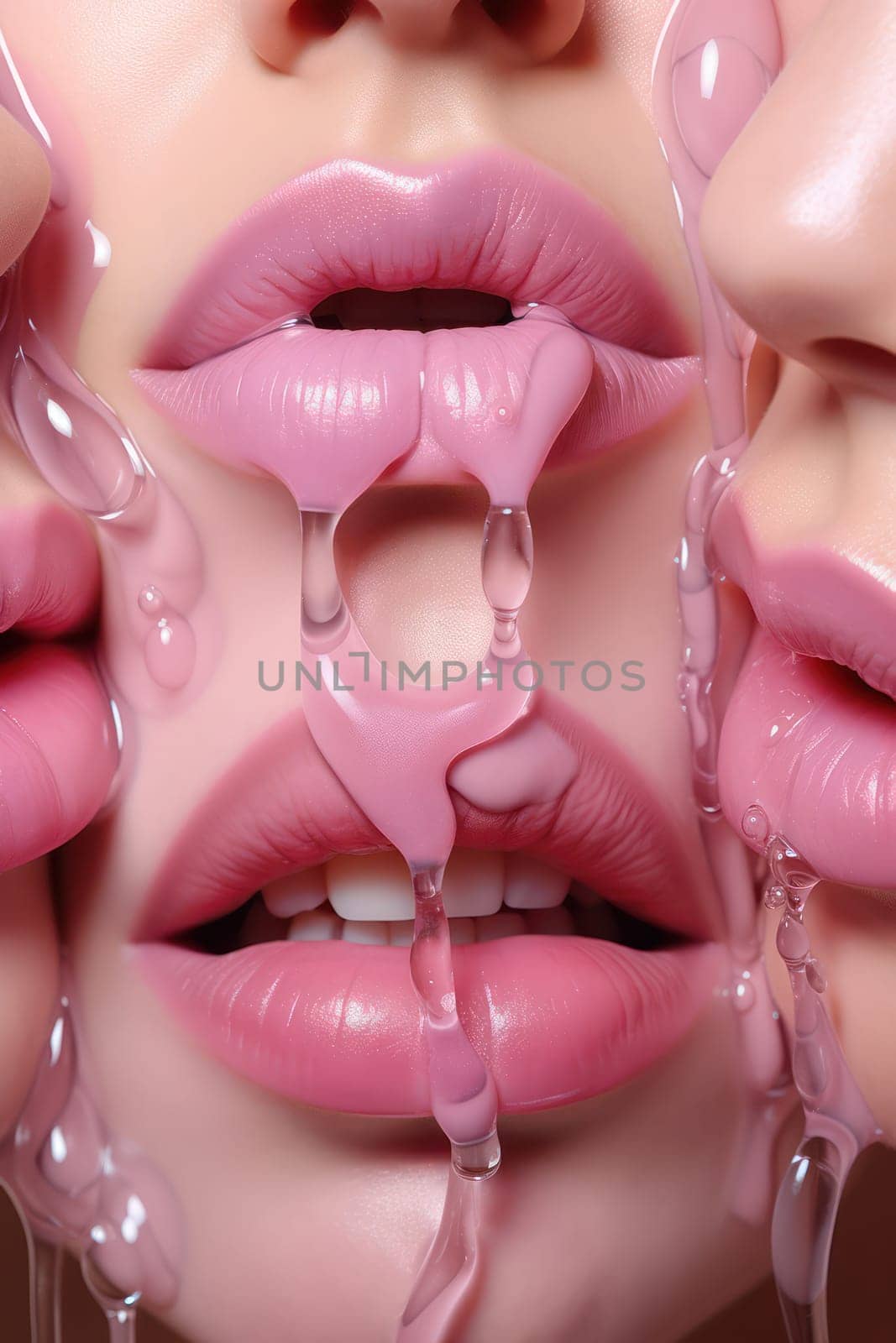 Glossy Temptation: A Sensual Close-up of a Woman's Shiny Red Lips with Dripping Lipgloss on a White Background