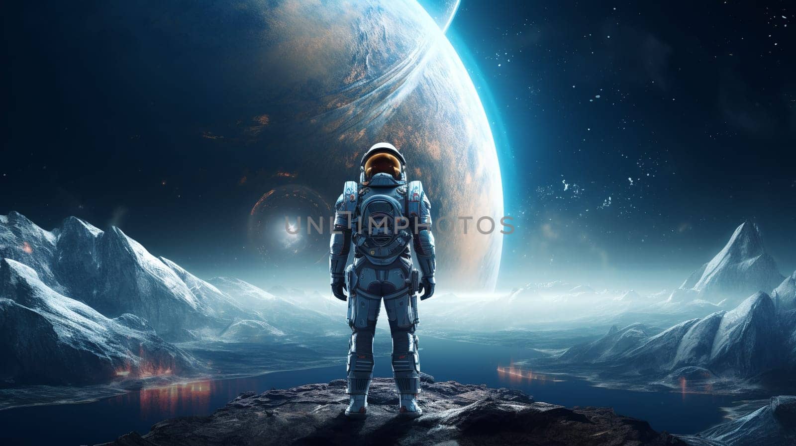  Astronaut Stands on Spaceship, Gazing Toward Distant Earth Wallpaper Generate AI by Mrsongrphc