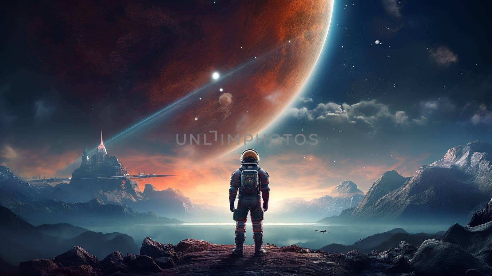  Astronaut Stands on Spaceship, Gazing Toward Distant Earth Wallpaper Generate AI by Mrsongrphc