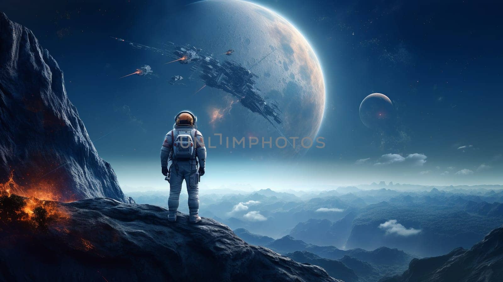  Astronaut Stands on Spaceship, Gazing Toward Distant Earth Wallpaper Generate AI by Mrsongrphc