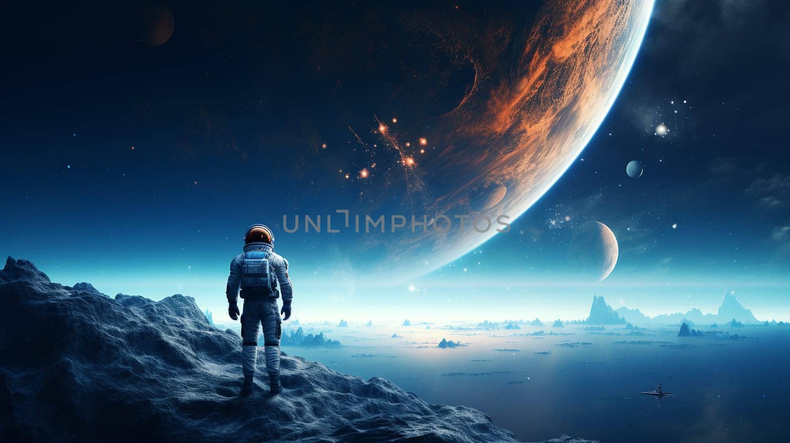  Astronaut Stands on Spaceship, Gazing Toward Distant Earth Wallpaper Generate AI by Mrsongrphc