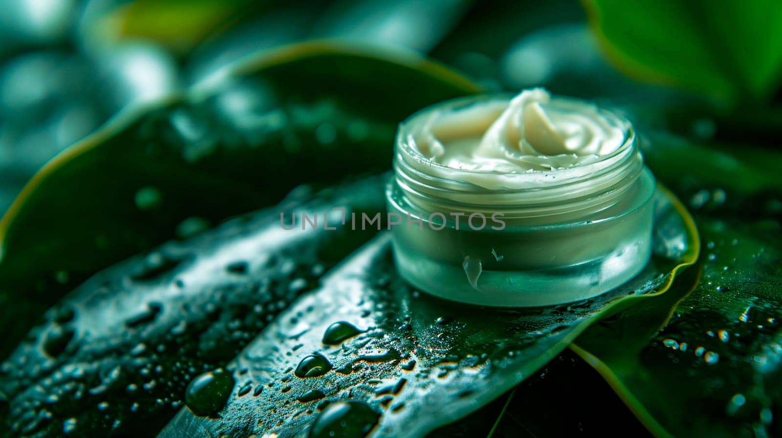 Cosmetics cream on a background of leaves. Selective focus. . by yanadjana