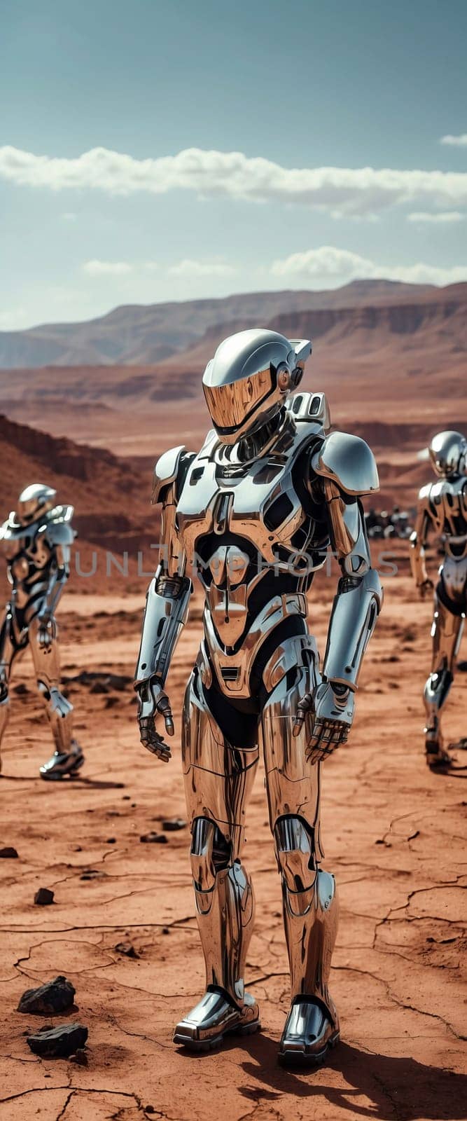 Humanoid robots explore Mars. AI generated