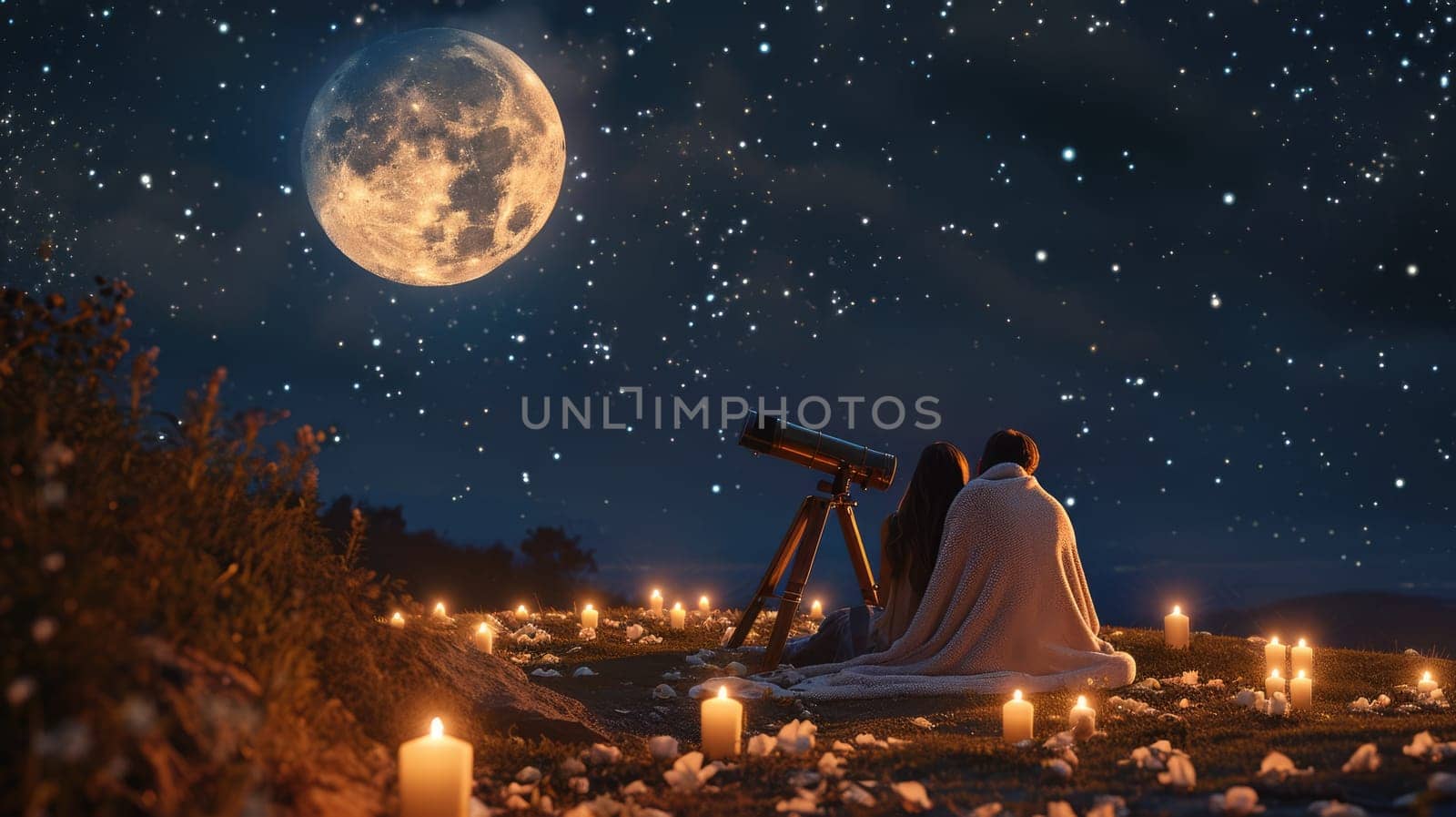 young couple looking out to romantic night sky in valentines day pragma