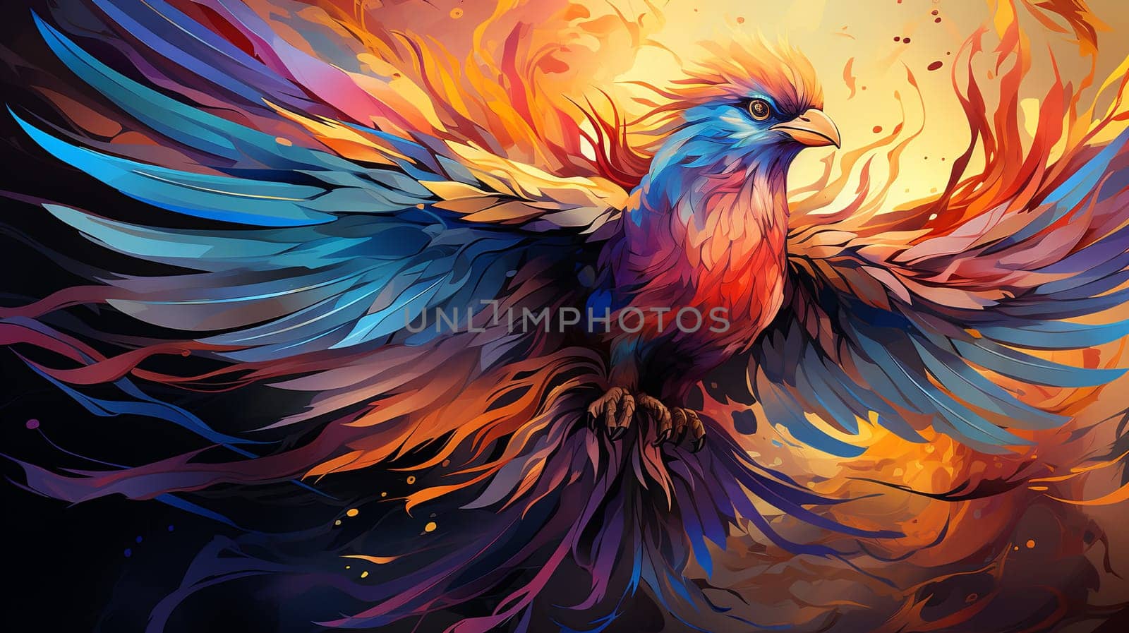 Large phoenix bird, long and fiery tail, colorful rainbow Generate AI  