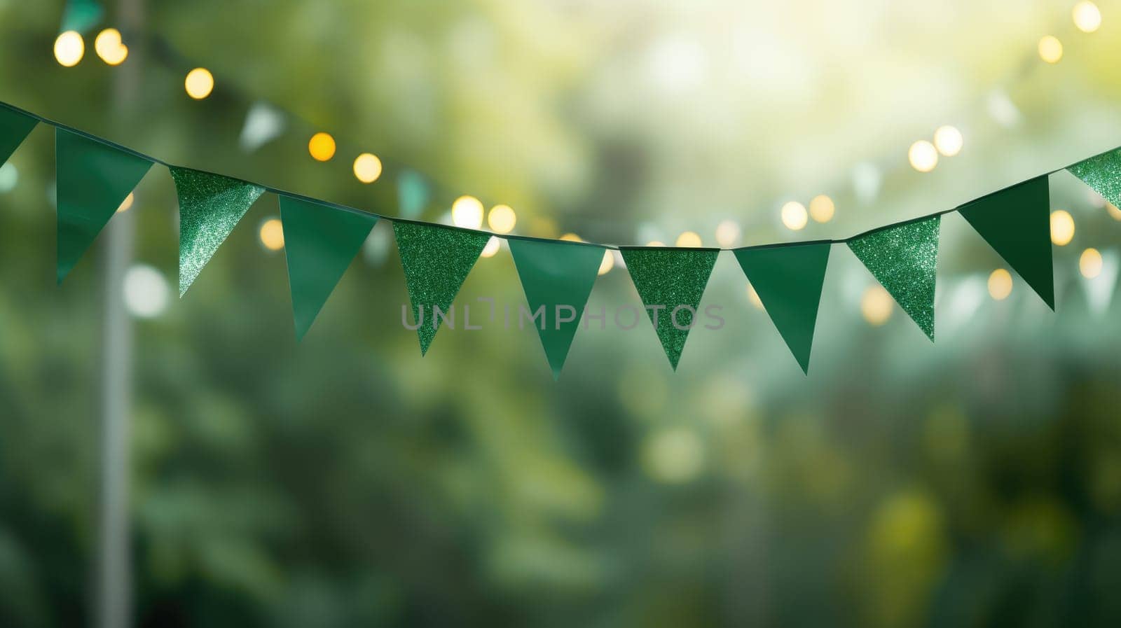 Green flags garland on a blurred background. Festive garland with lights by natali_brill