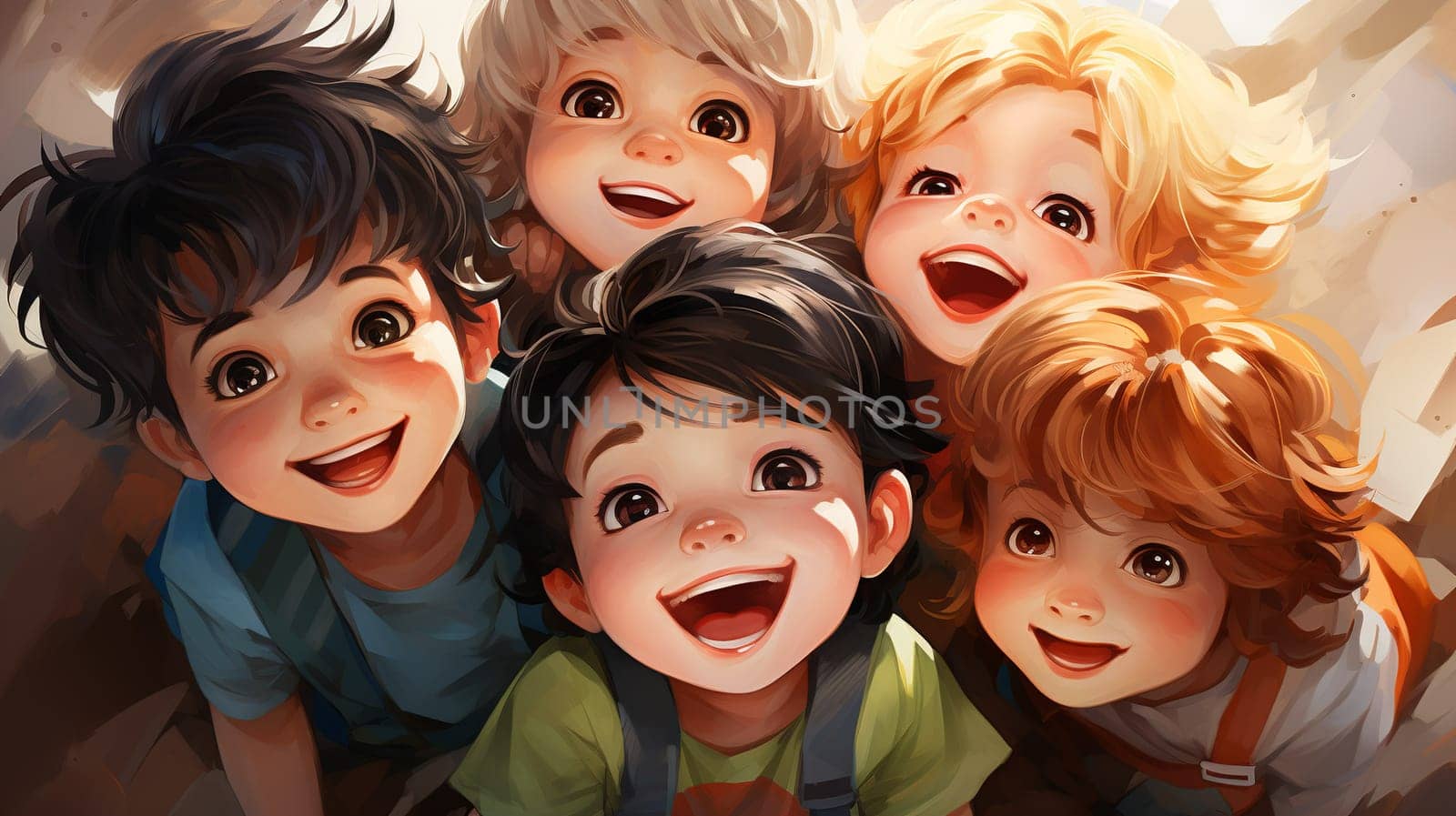 Photo of a group of small children's , top view Generate AI by Mrsongrphc