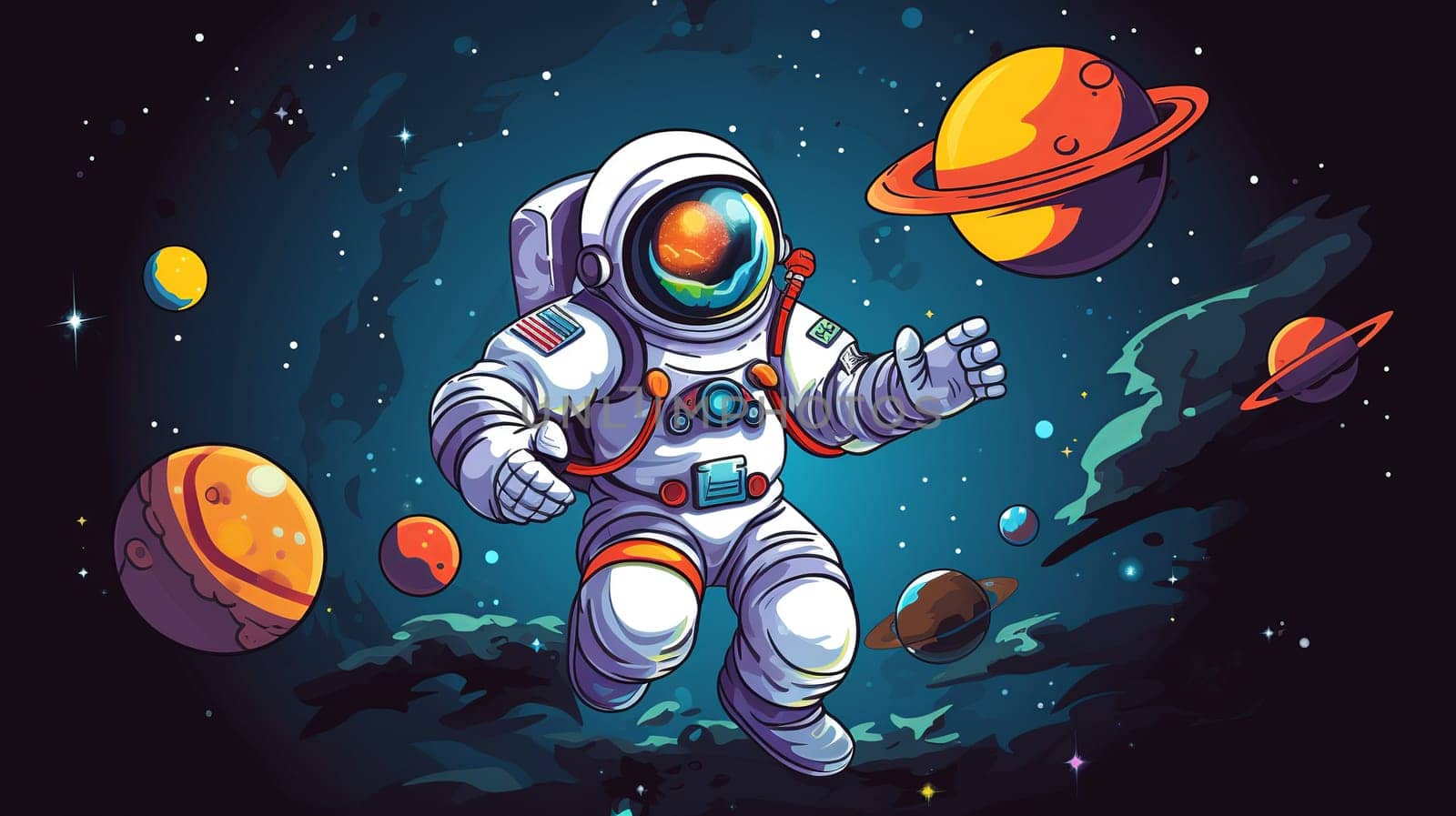 Cartoon Creative Mascot   Astronaut . Star and planets on galaxy background. Astronaut in space.  Generate AI by Mrsongrphc