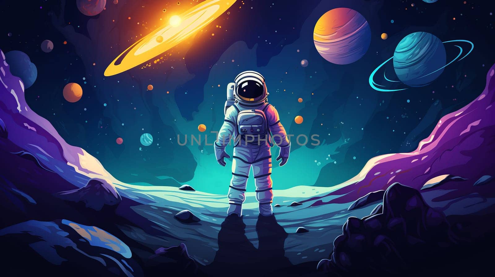 Cartoon Creative Mascot   Astronaut . Star and planets on galaxy background. Astronaut in space.  Generate AI