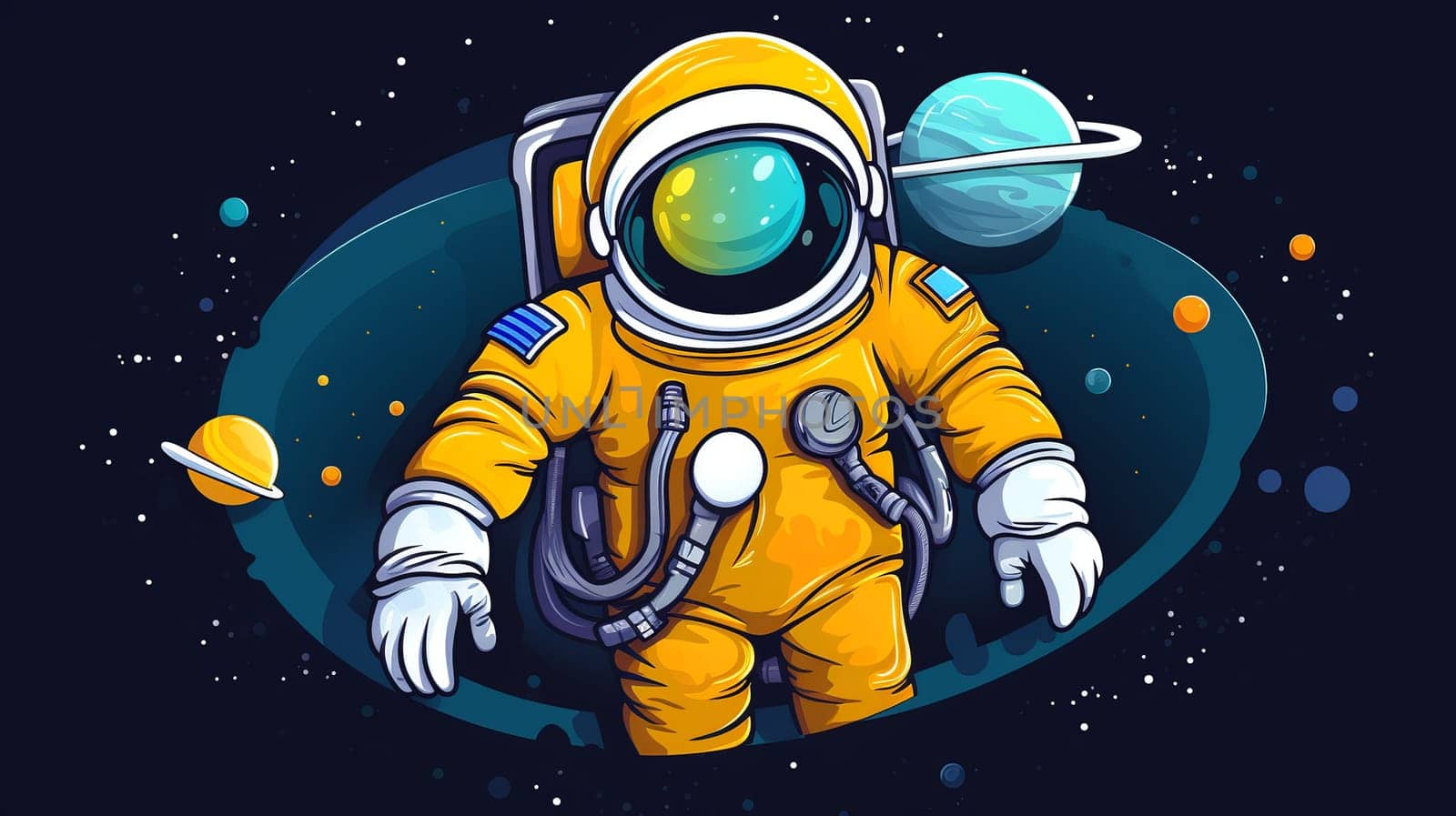 Cartoon Creative Mascot   Astronaut . Star and planets on galaxy background. Astronaut in space.  Generate AI by Mrsongrphc