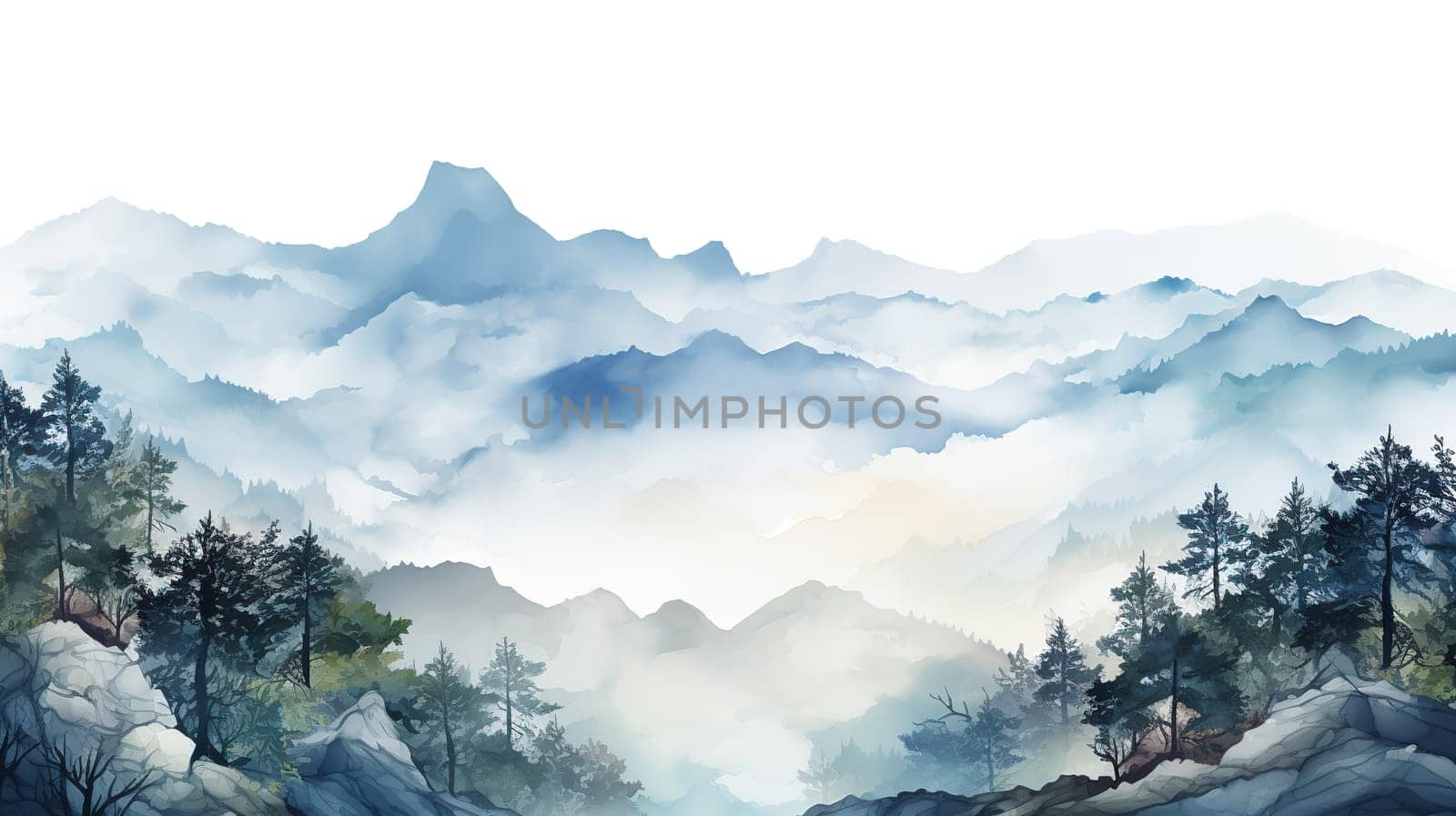 High rock mountain view wallpaper, with pine trees , with sunlight, green and yellow blur background , Generate AI